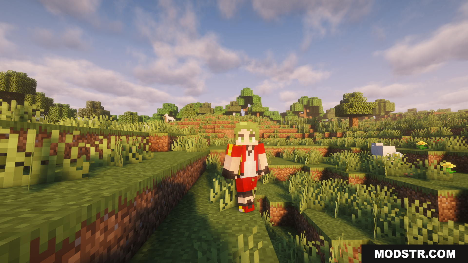 Radical Cobblemon Trainer Textures Plus Resource Pack Screenshot 6 Trainer character with green hair in grassy plains