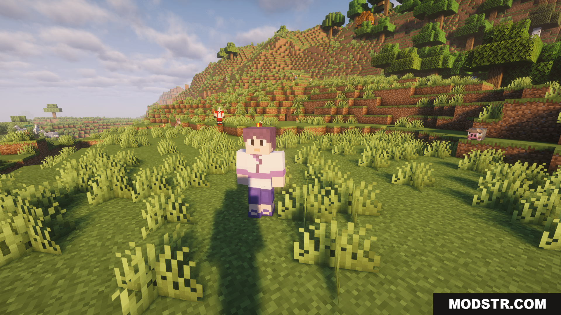 Radical Cobblemon Trainer Textures Plus Resource Pack Screenshot 9 A purple-haired trainer stands in a field with a Wooloo