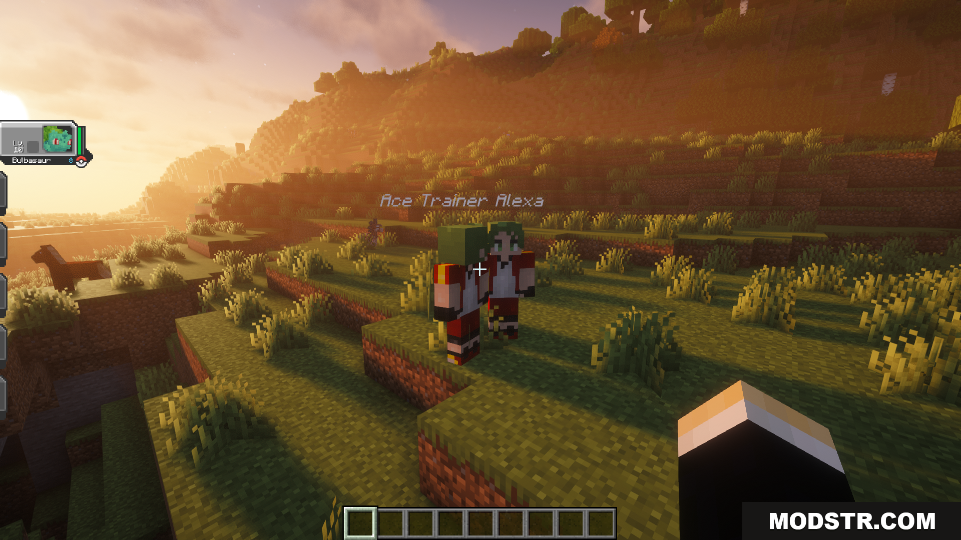Radical Cobblemon Trainer Textures Plus Resource Pack Screenshot 8 Player encounters Ace Trainer Alexa in a grassy biome at sunset