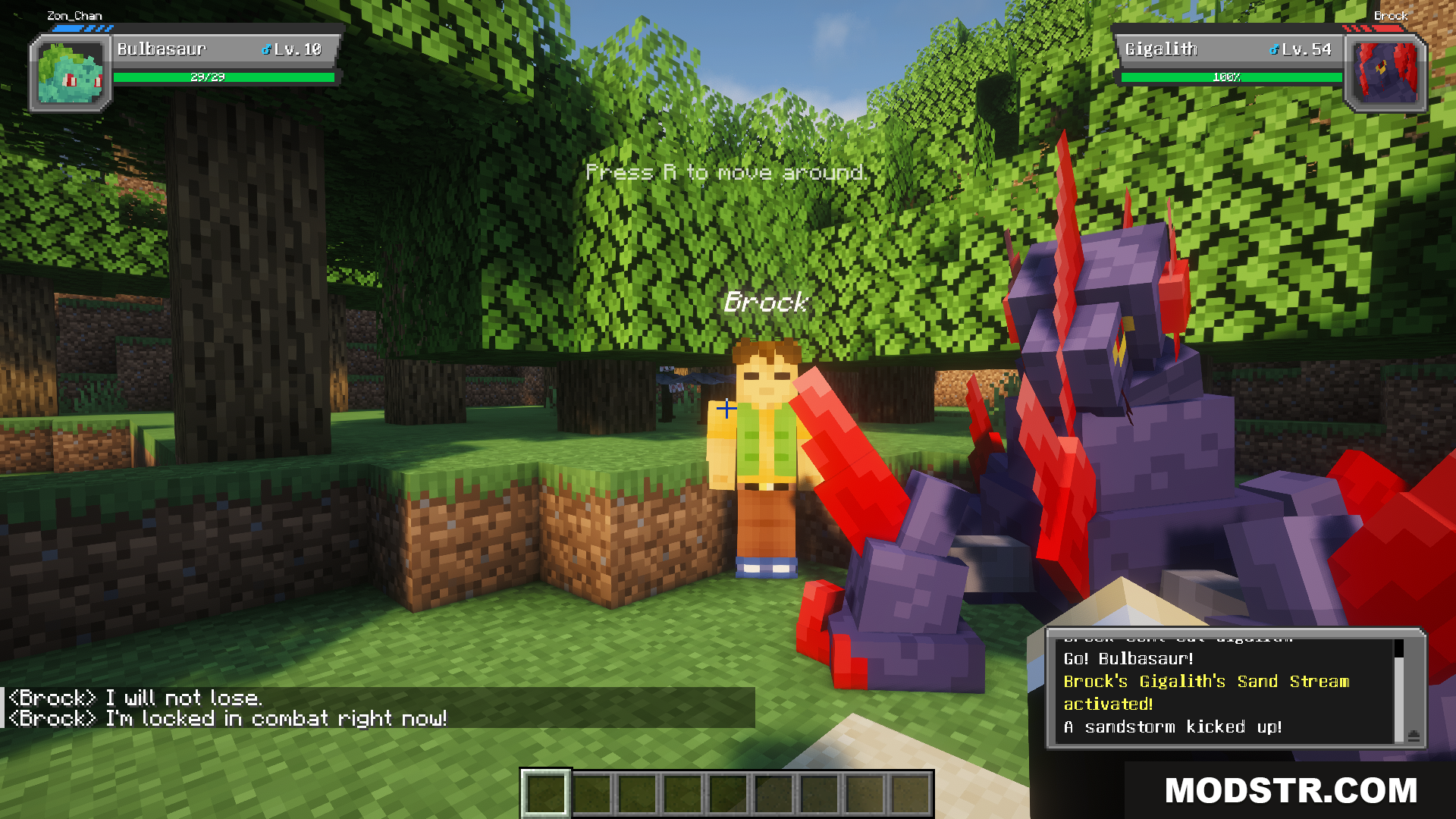 Radical Cobblemon Trainer Textures Plus Resource Pack Screenshot 3 Player's Bulbasaur battling against gym leader Brock's Gigalith