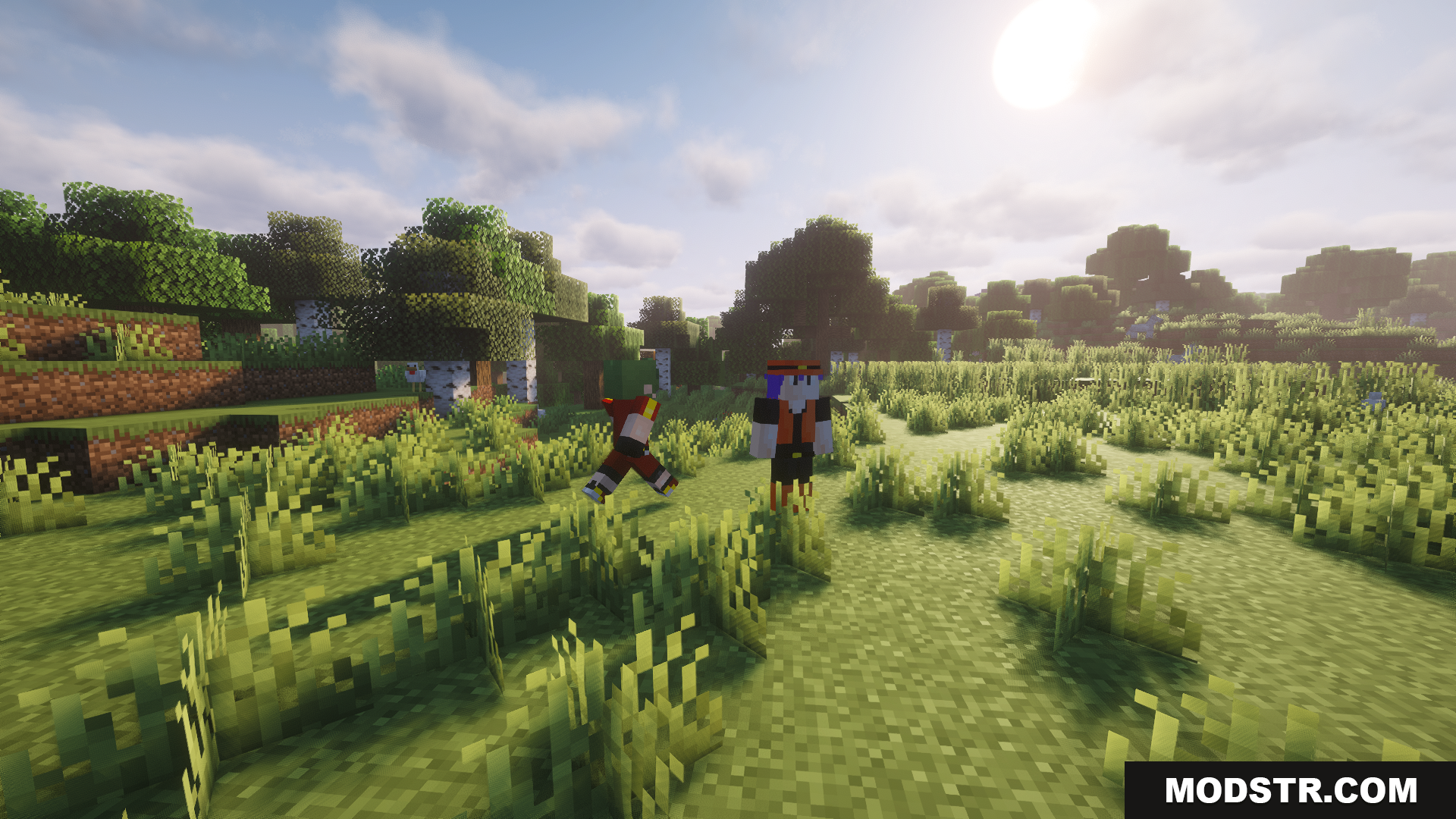 Radical Cobblemon Trainer Textures Plus Resource Pack Screenshot 11 A Cobblemon trainer challenges another in a sunny meadow