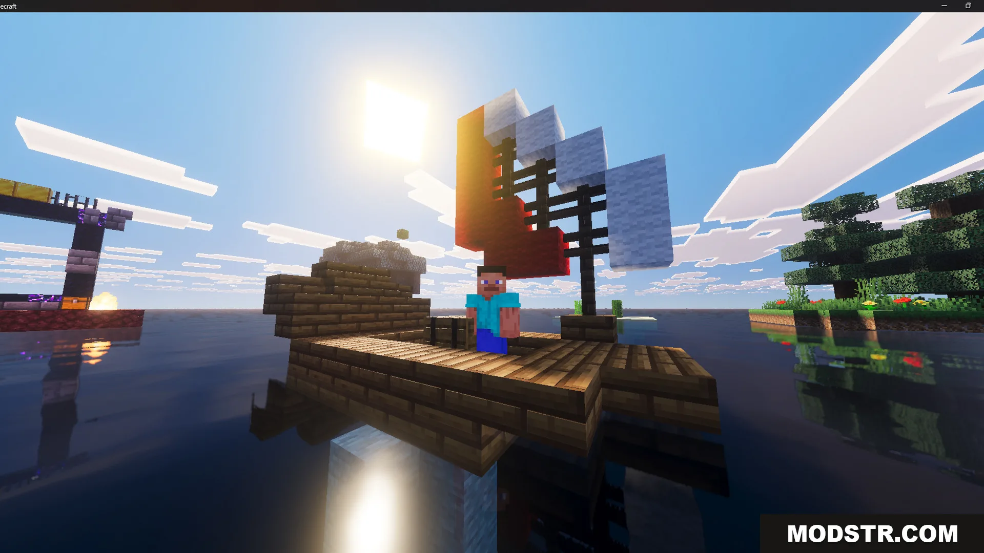 Raft Only Survival Island Adventure Map Screenshot 11 Player character standing on a wooden raft with a red and white sail