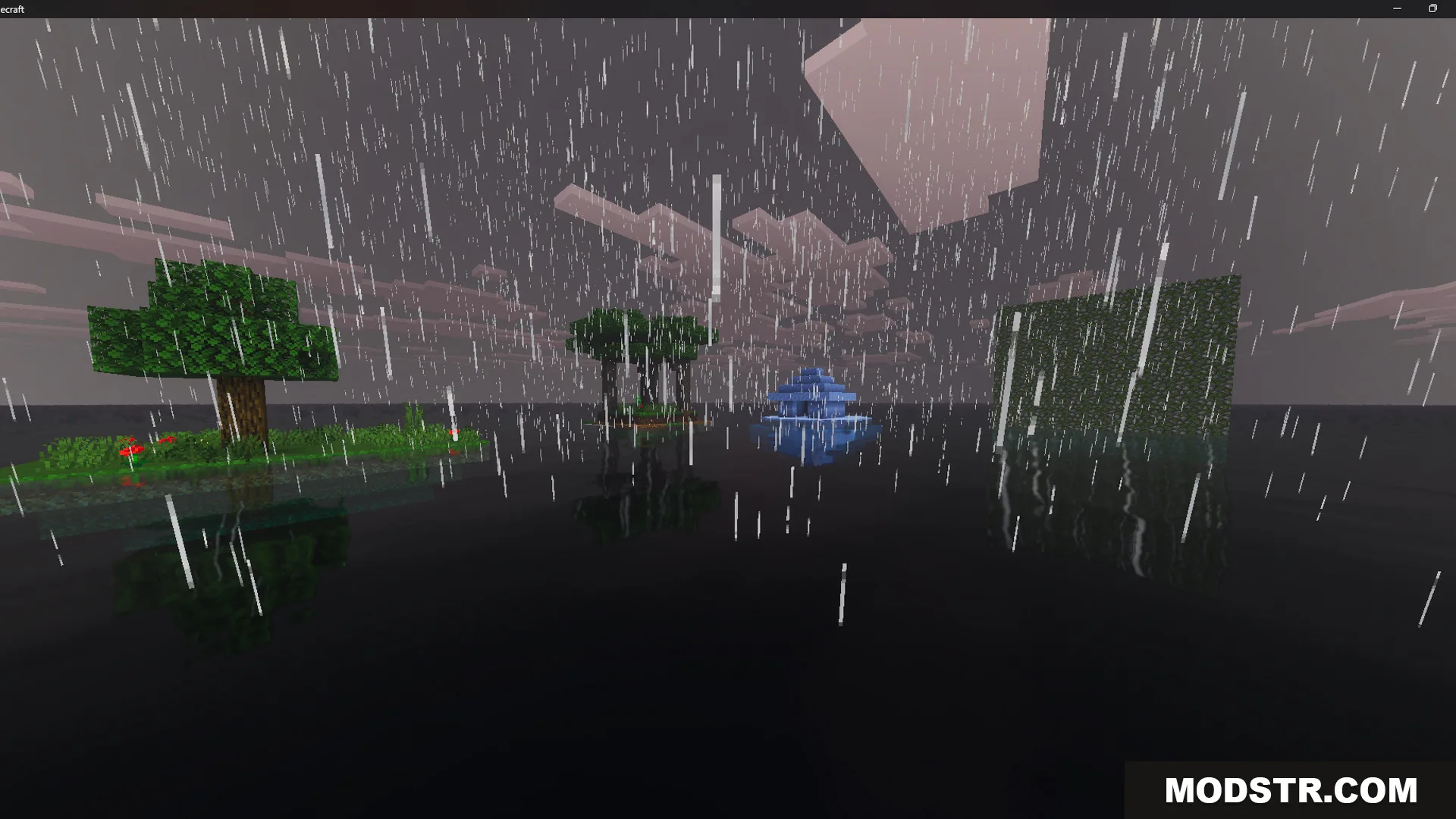 Raft Only Survival Island Adventure Map Screenshot 4 Various themed islands with trees and structures floating in a rainy ocean