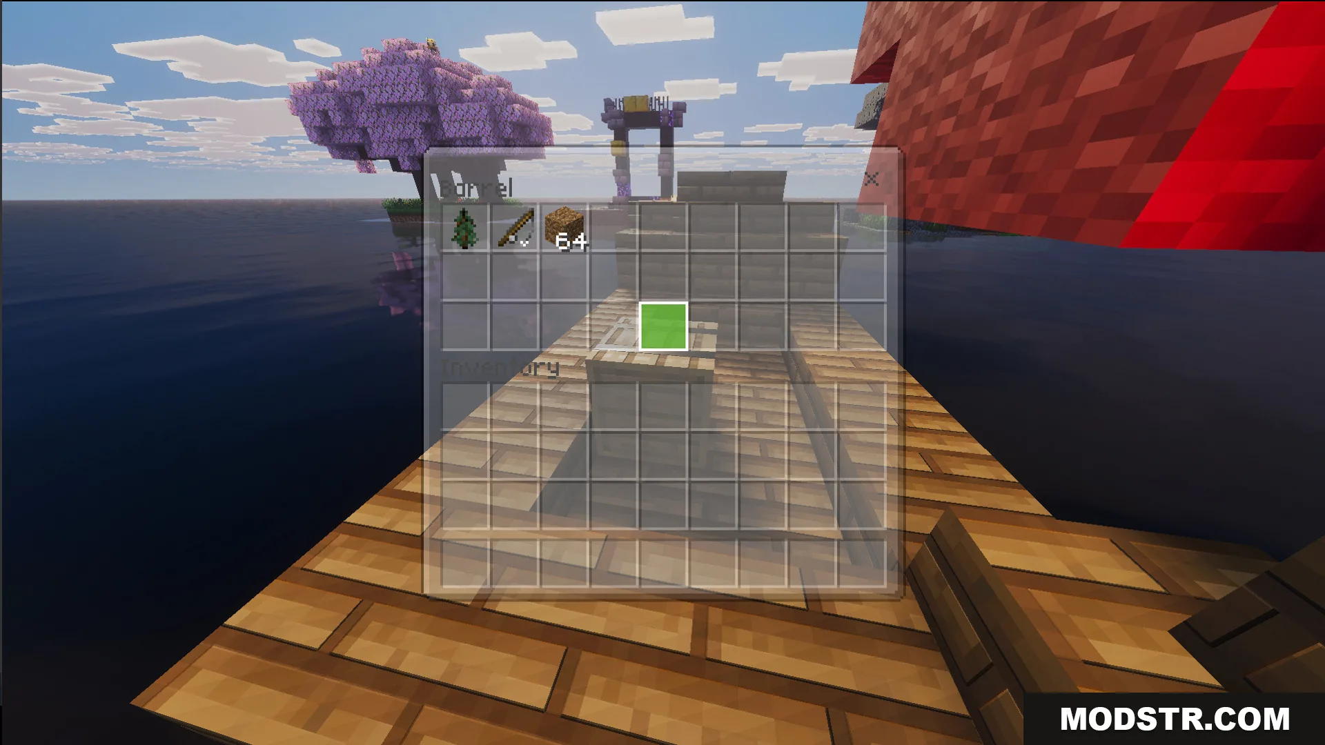 Opening a barrel with resources on a wooden raft in the open ocean