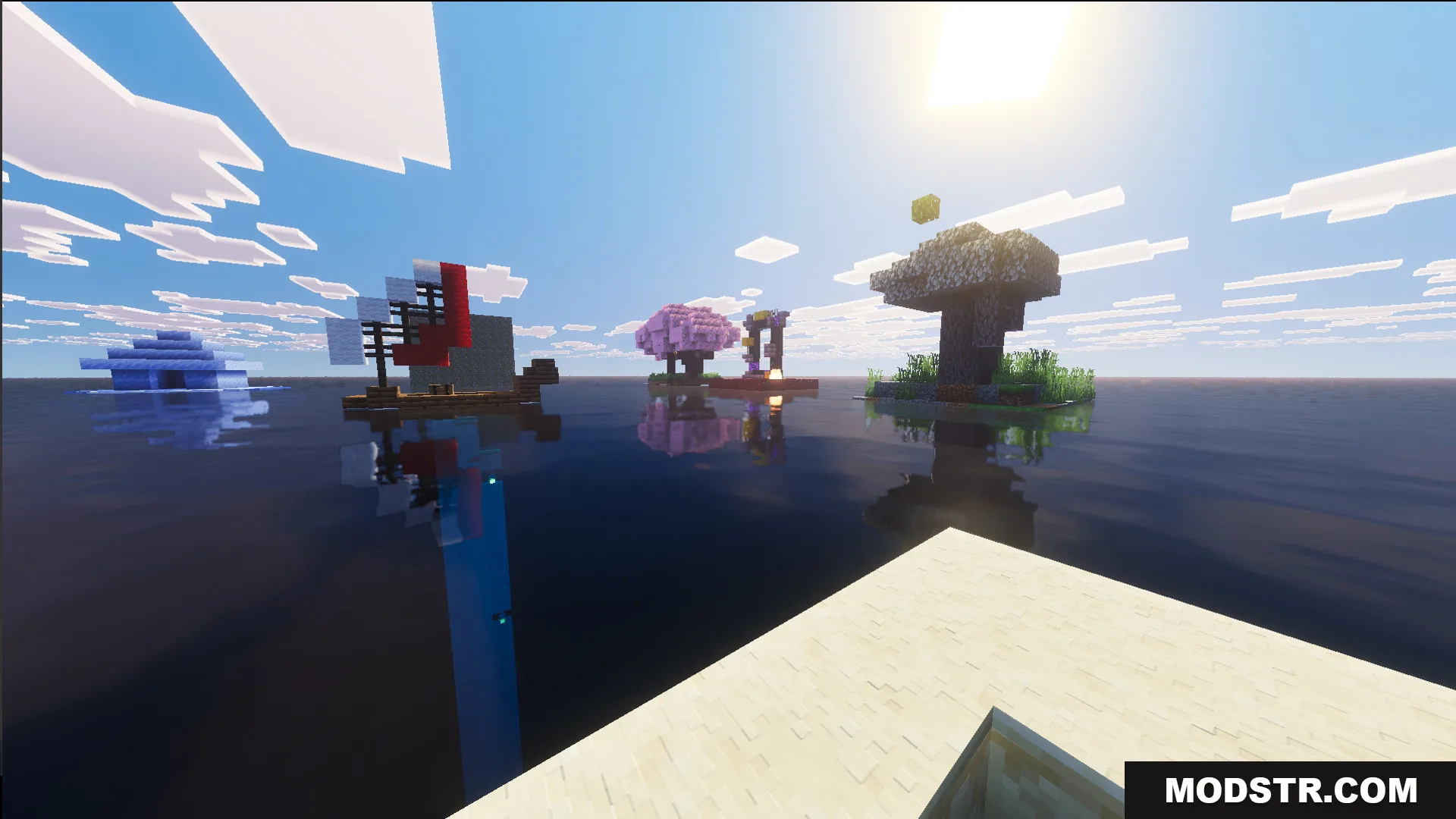 Floating islands featuring a cherry blossom tree and a ruined nether portal structure