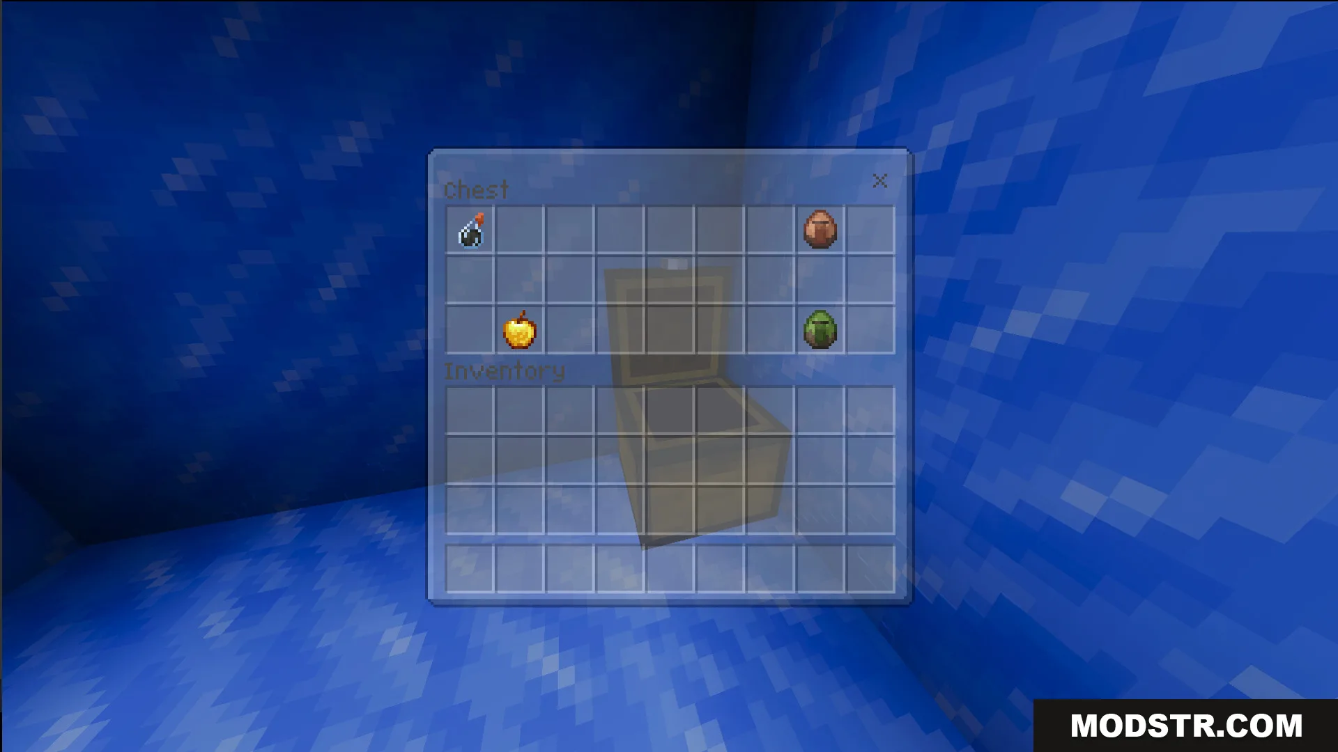 Chest inventory containing a golden apple splash potion and two mob spawn eggs