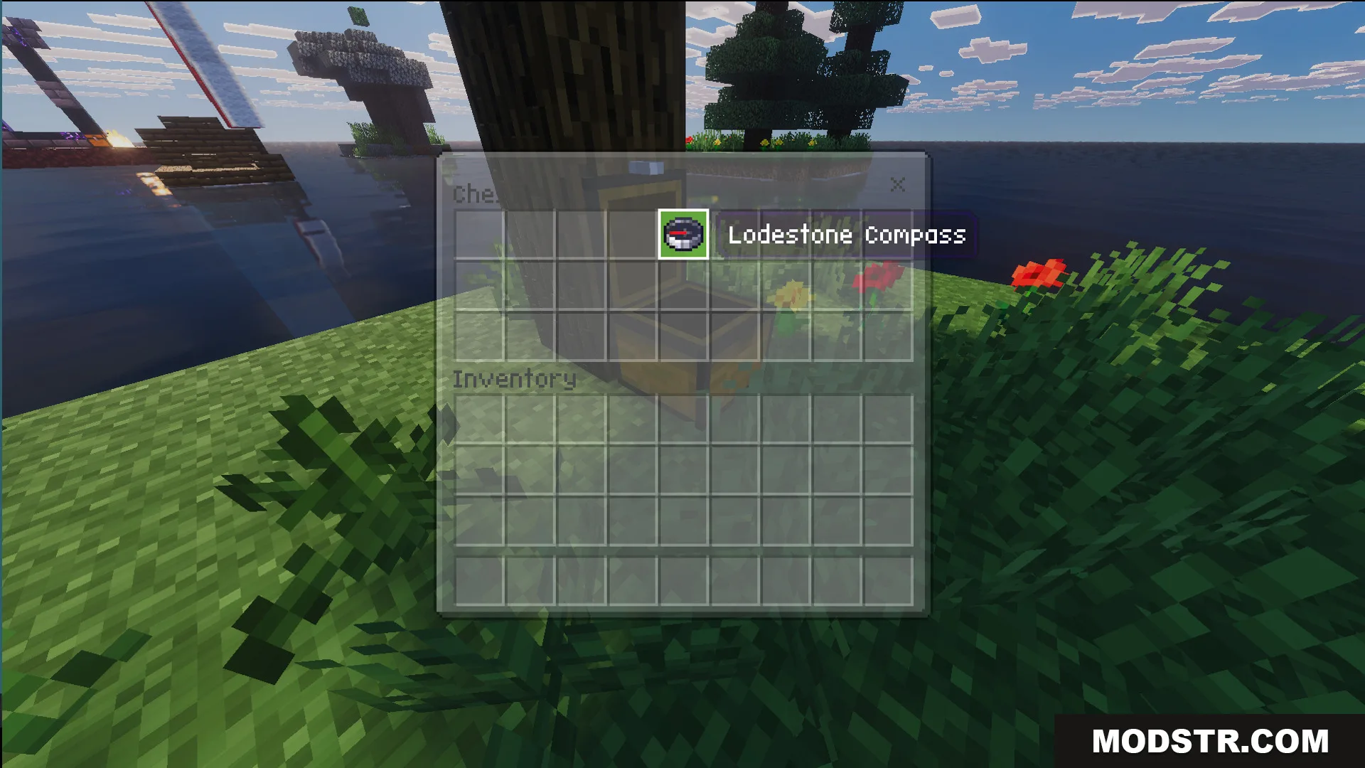 Finding a lodestone compass inside a chest on a small grassy floating island