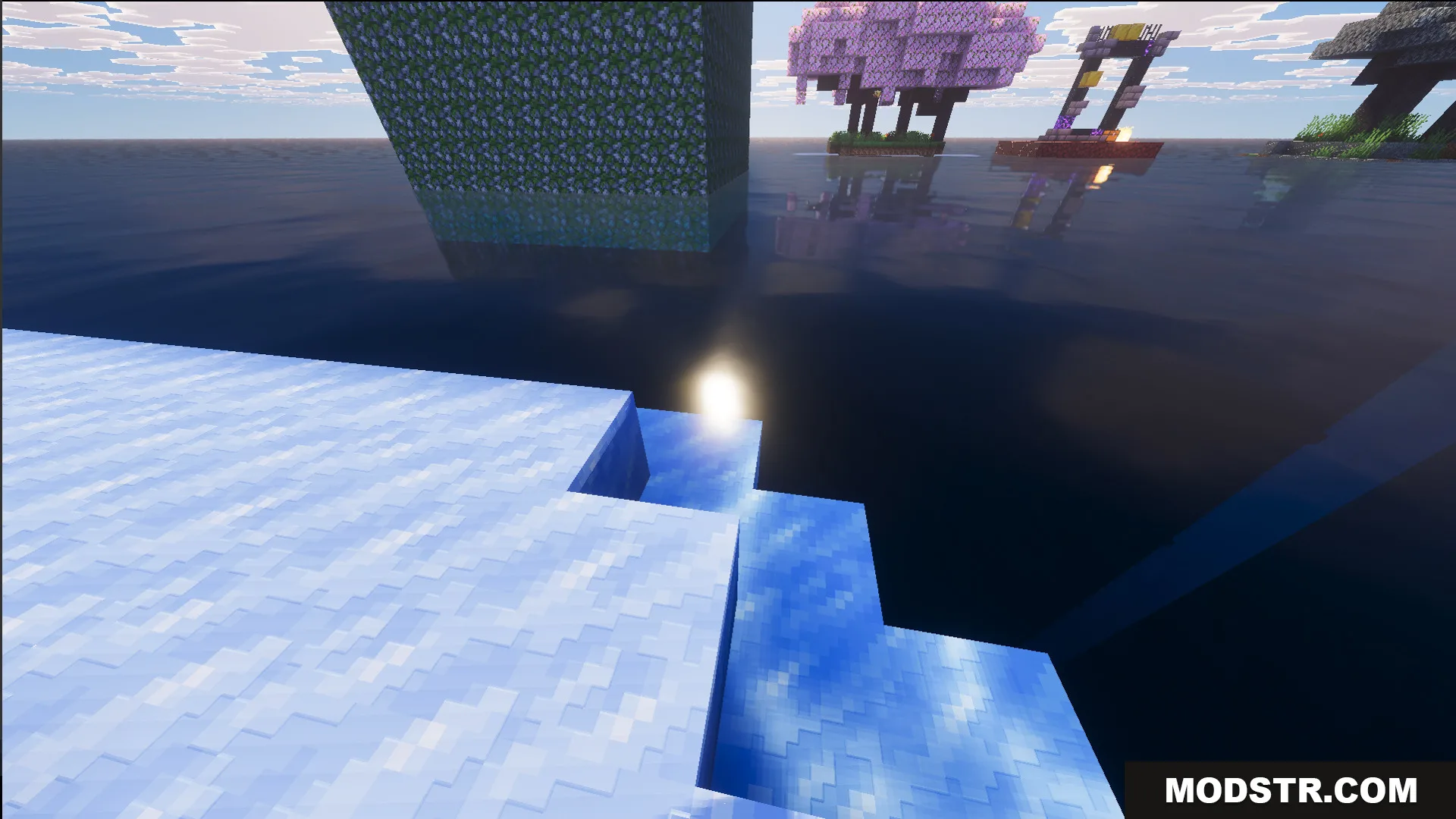 Floating islands with trees and a ruined portal viewed from a snowy platform