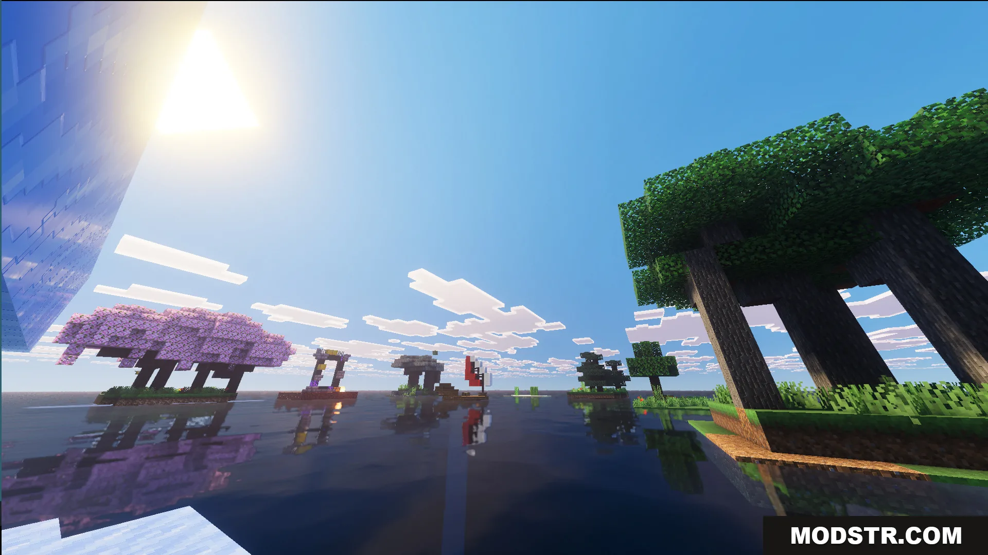 Floating islands with trees and ruined portals scattered across the vast ocean water
