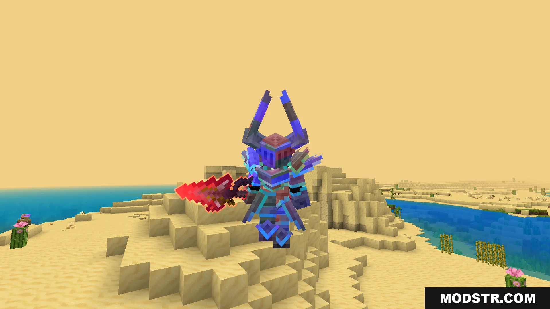 Rainbow Outline Glint Texture Pack Screenshot 3 Player wearing custom horned armor and holding a glowing red sword in desert