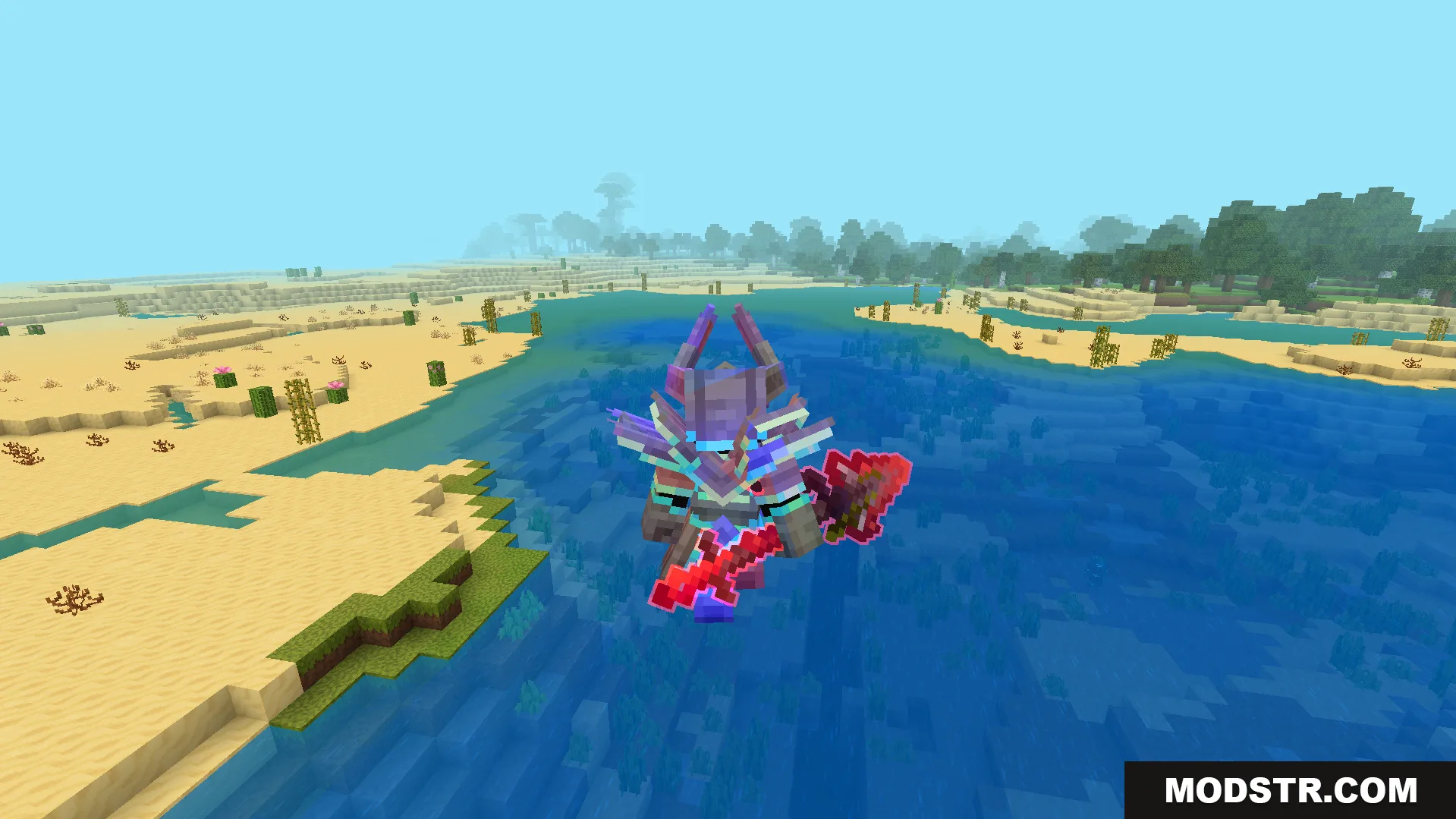 Rainbow Outline Glint Texture Pack Screenshot 5 Player in custom purple armor with rainbow glint holding a red sword