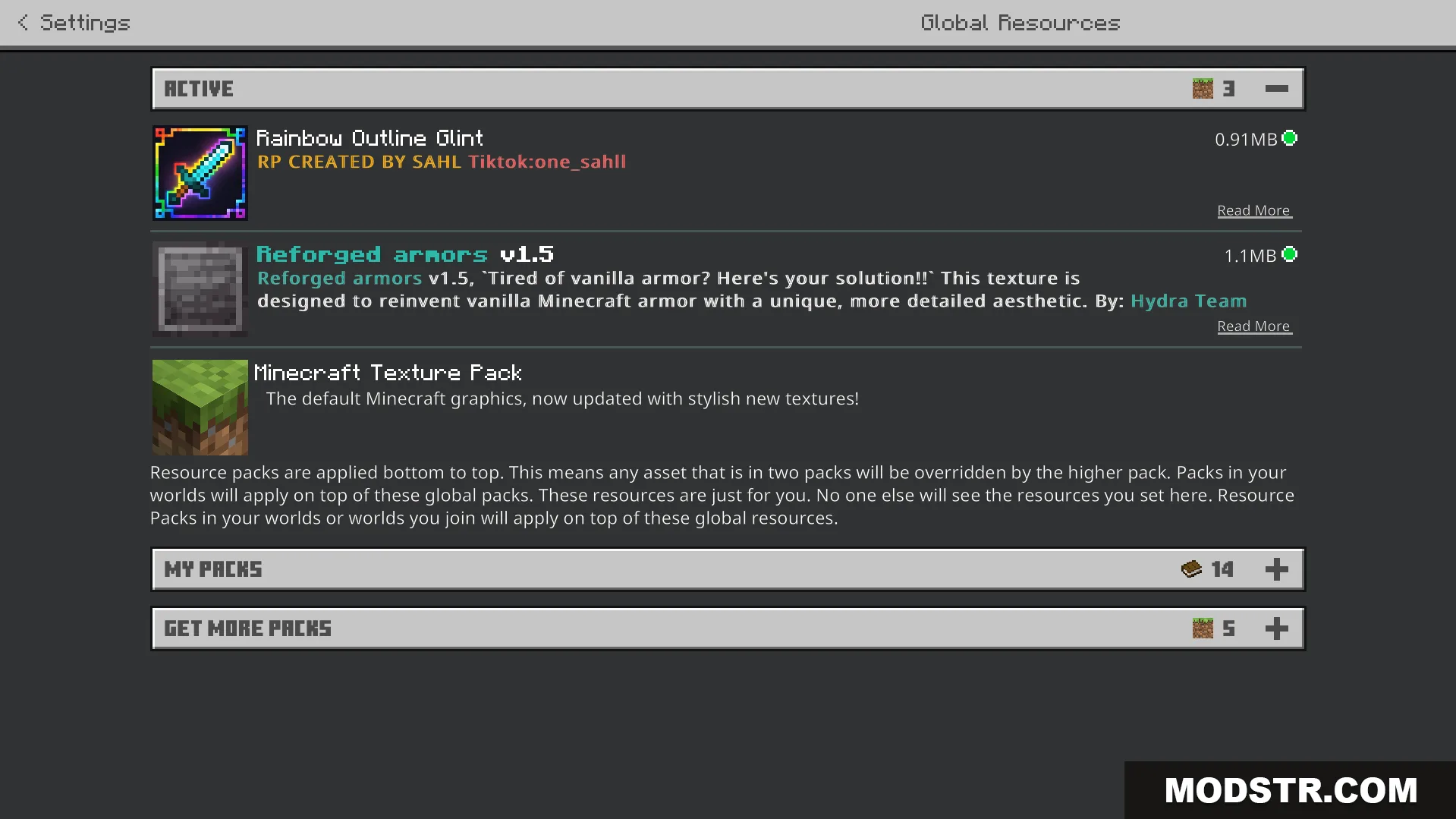 Rainbow Outline Glint Texture Pack Screenshot 1 Player viewing active resource packs in the global resources settings menu