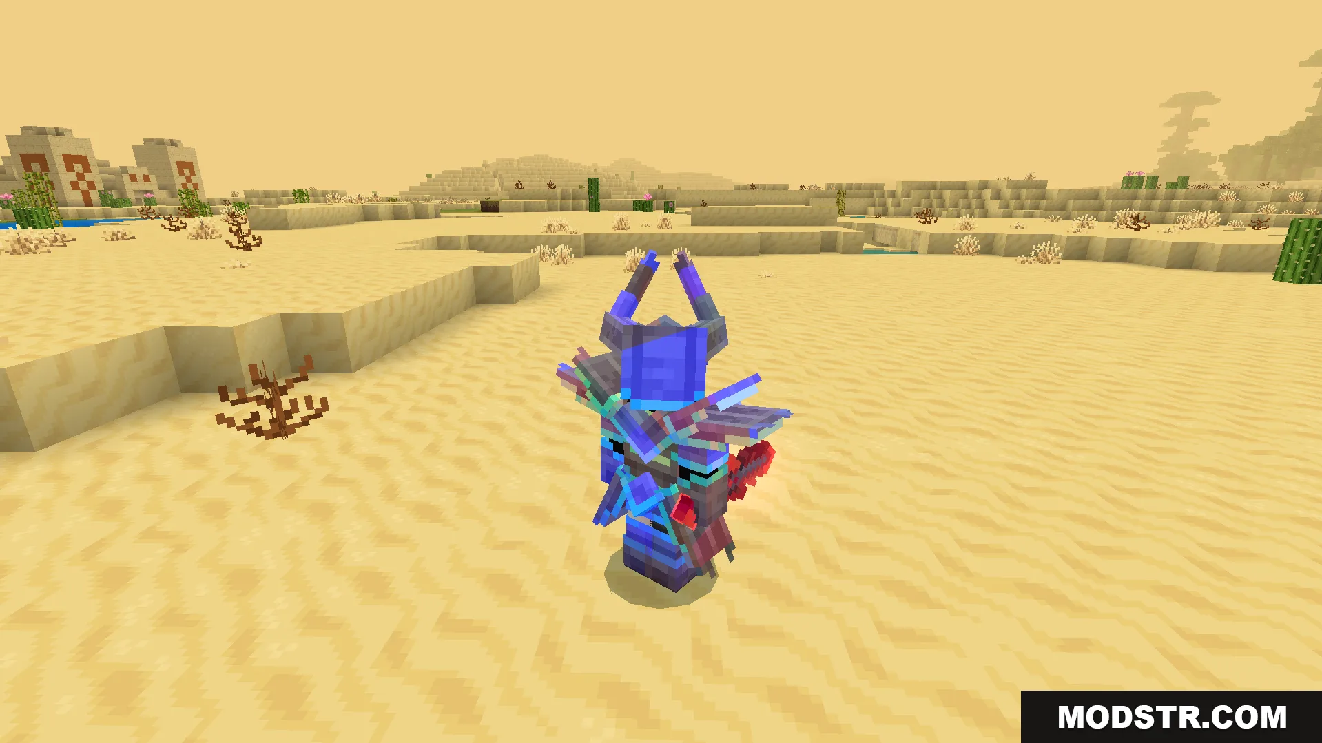 Rainbow Outline Glint Texture Pack Screenshot 6 Player wearing custom purple armor with colorful glint standing in a desert
