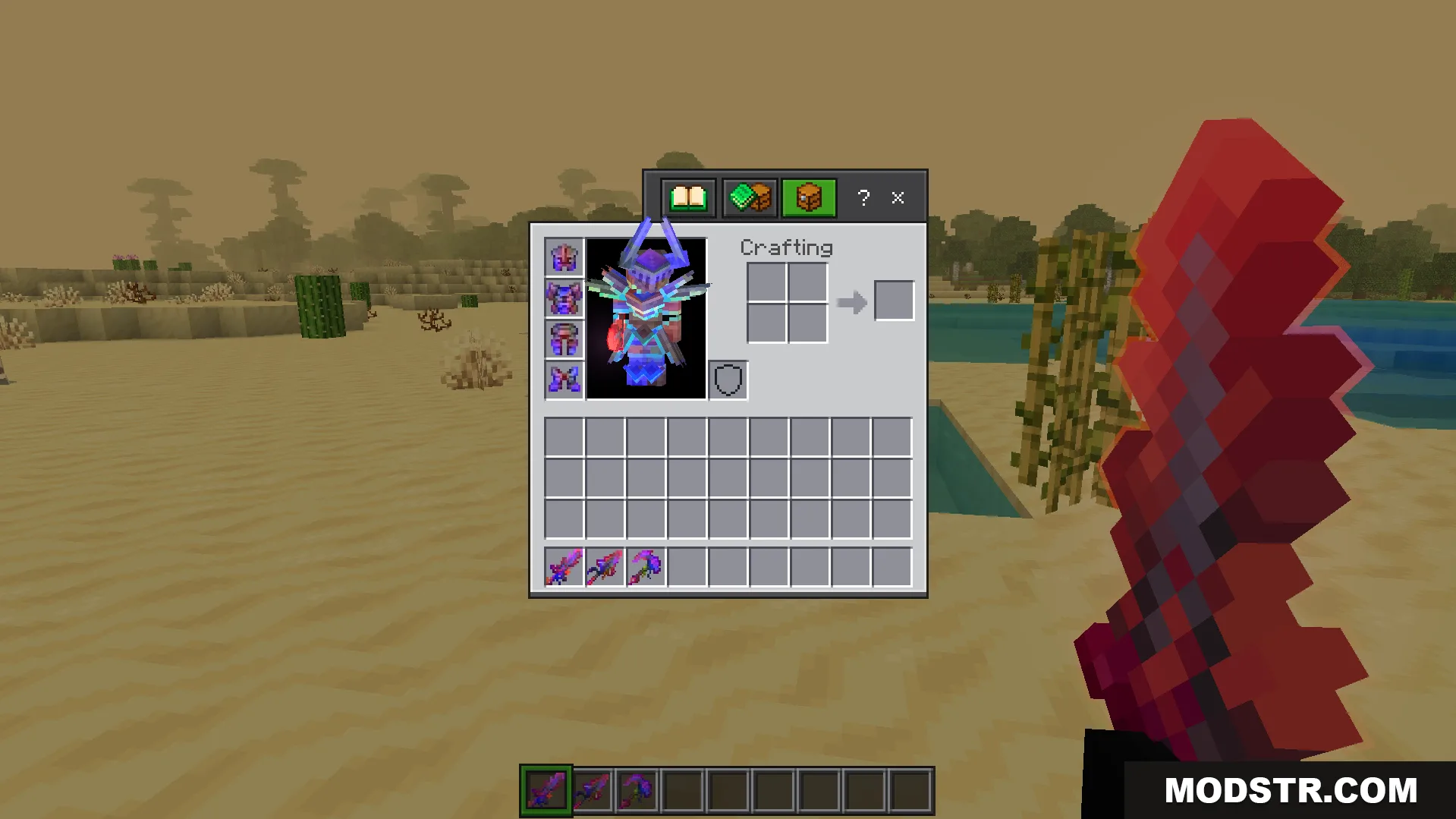 Rainbow Outline Glint Texture Pack Screenshot 8 Open inventory screen showing custom armor and holding a glowing red sword