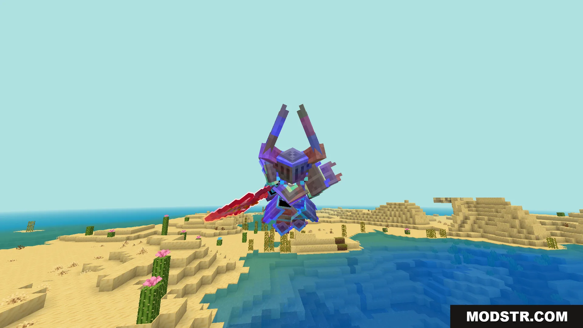 Rainbow Outline Glint Texture Pack Screenshot 4 Player jumping in desert while wearing custom horned armor and holding red sword