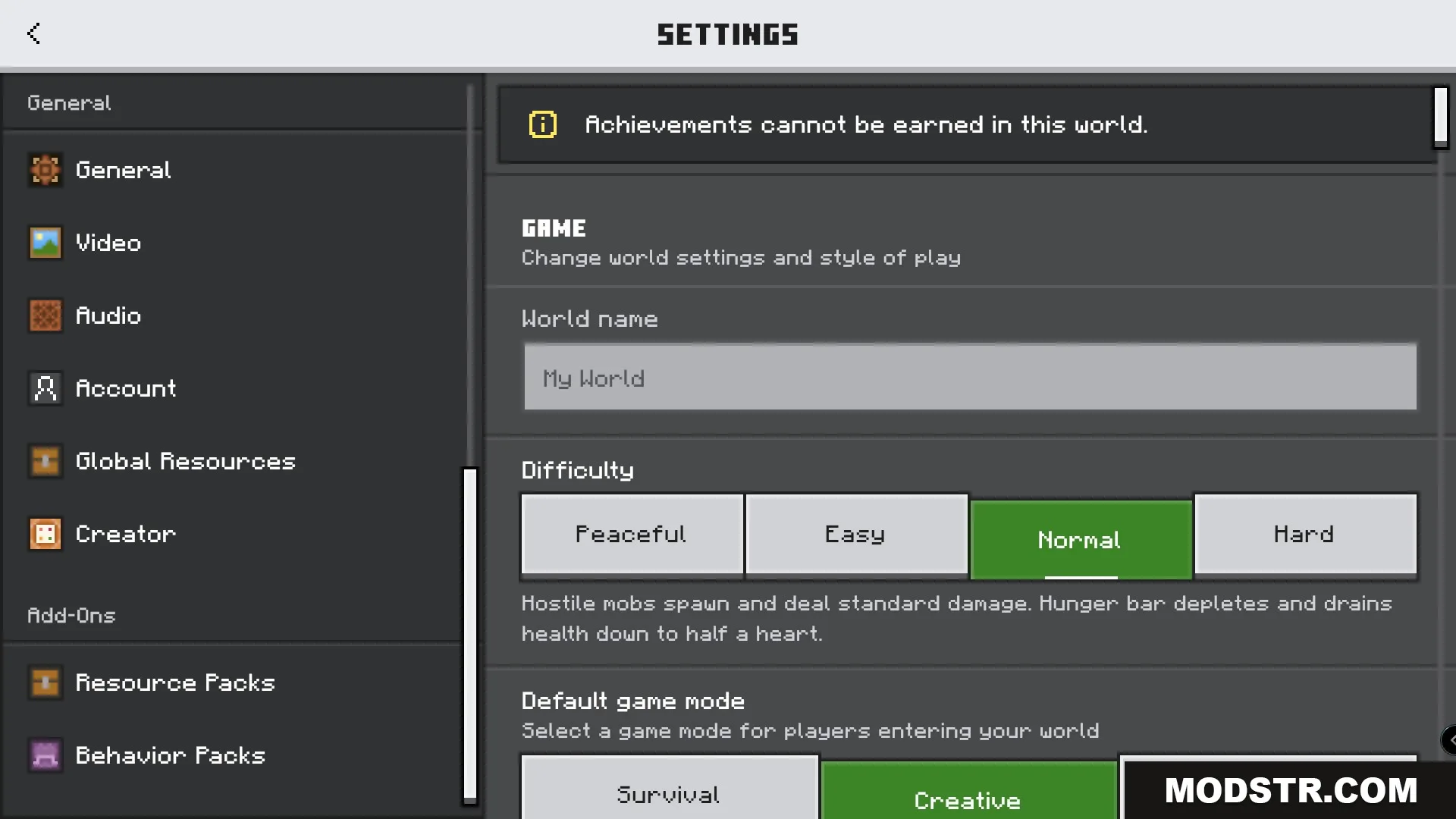 Minecraft world settings screen showing difficulty levels and default creative game mode