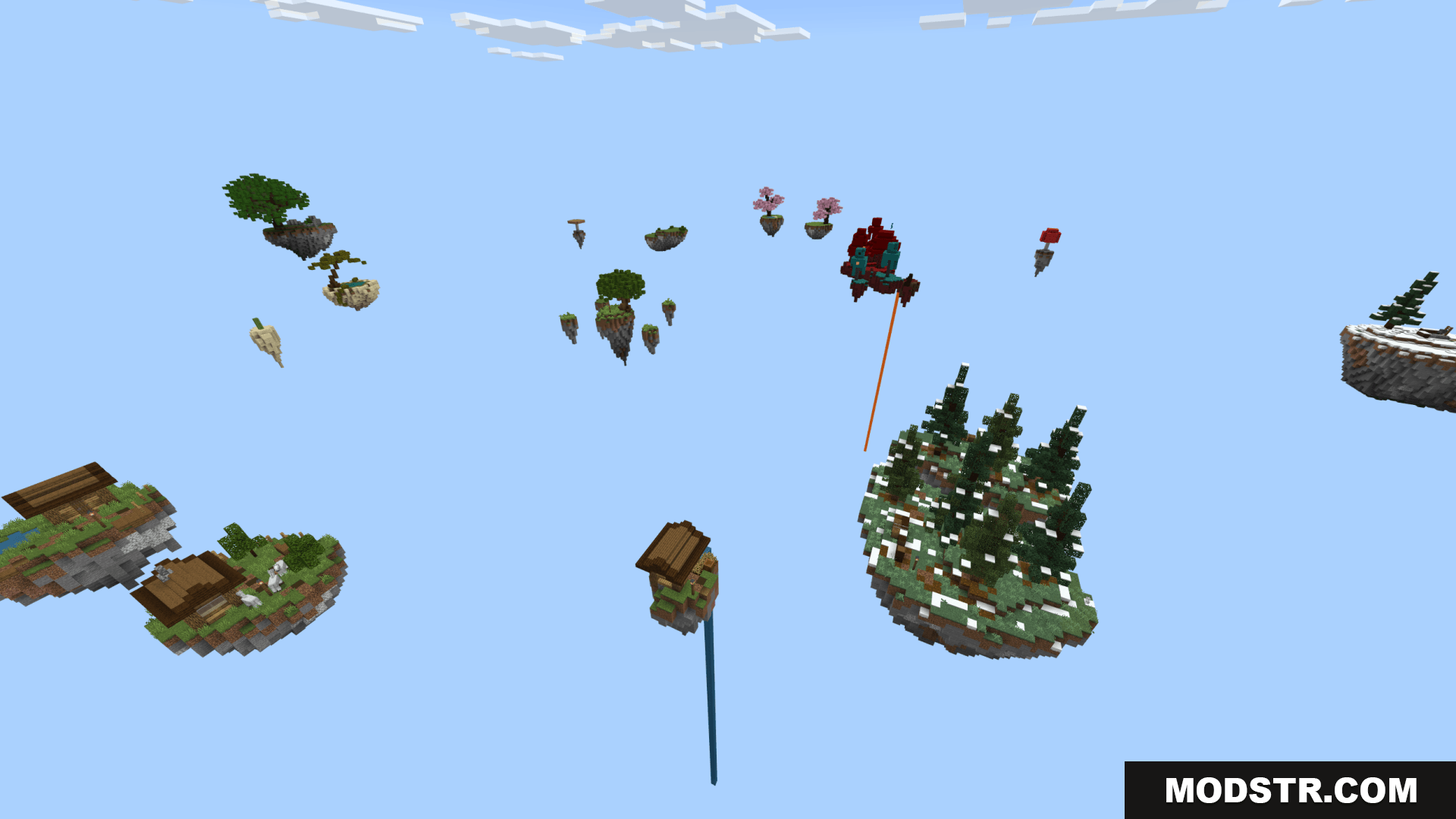 Multiple floating islands featuring different biomes scattered across the sky