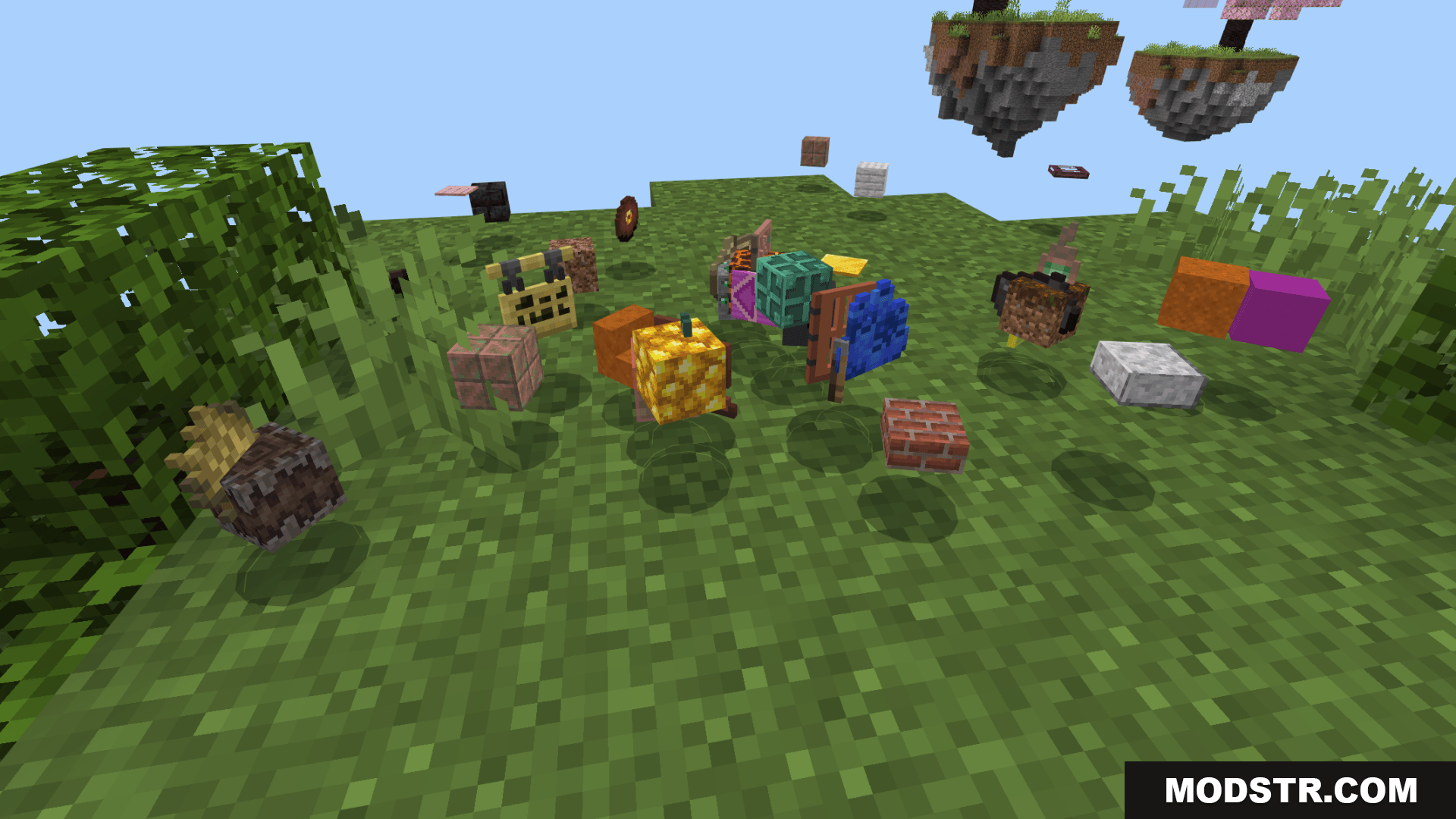Many random items scattered on a grassy floating island in sky