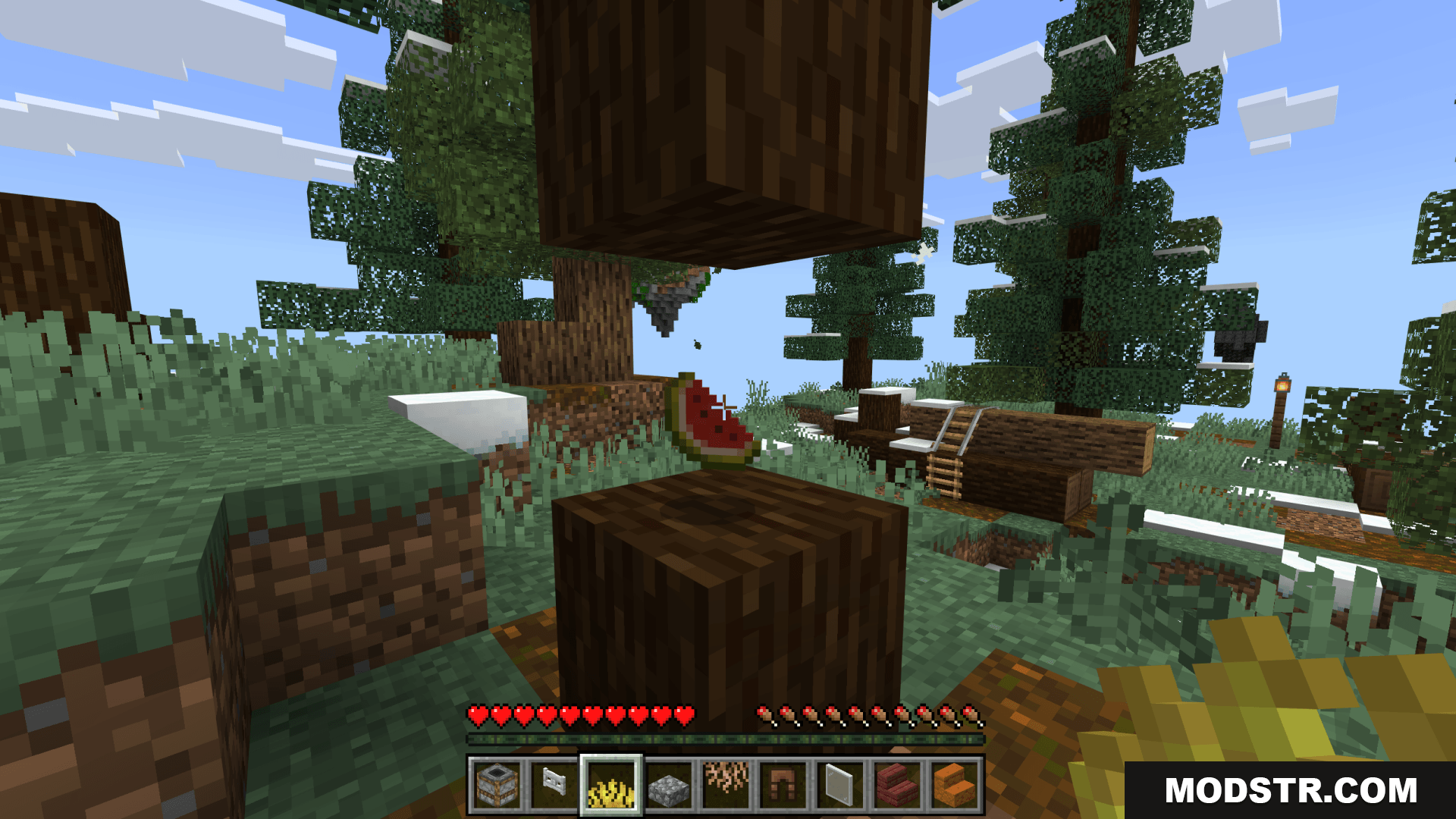 Breaking a wood log block drops a random melon slice item