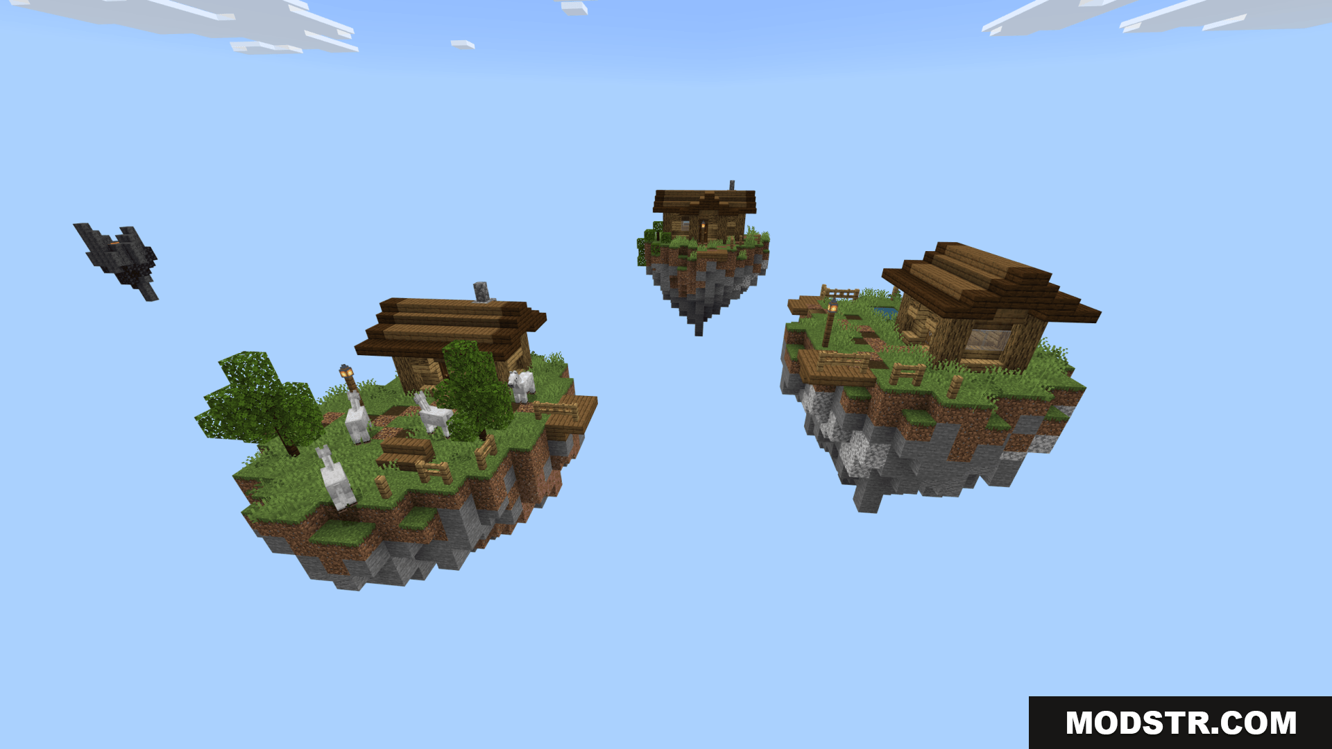 Small wooden houses and llamas on floating dirt islands in sky