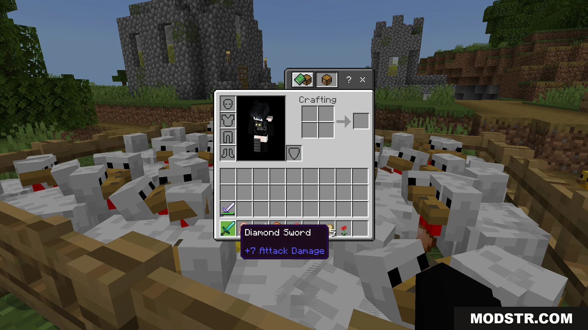 Random Enchant on Attack Addon Screenshot 7 Player holding a basic diamond sword while standing inside a crowded chicken pen