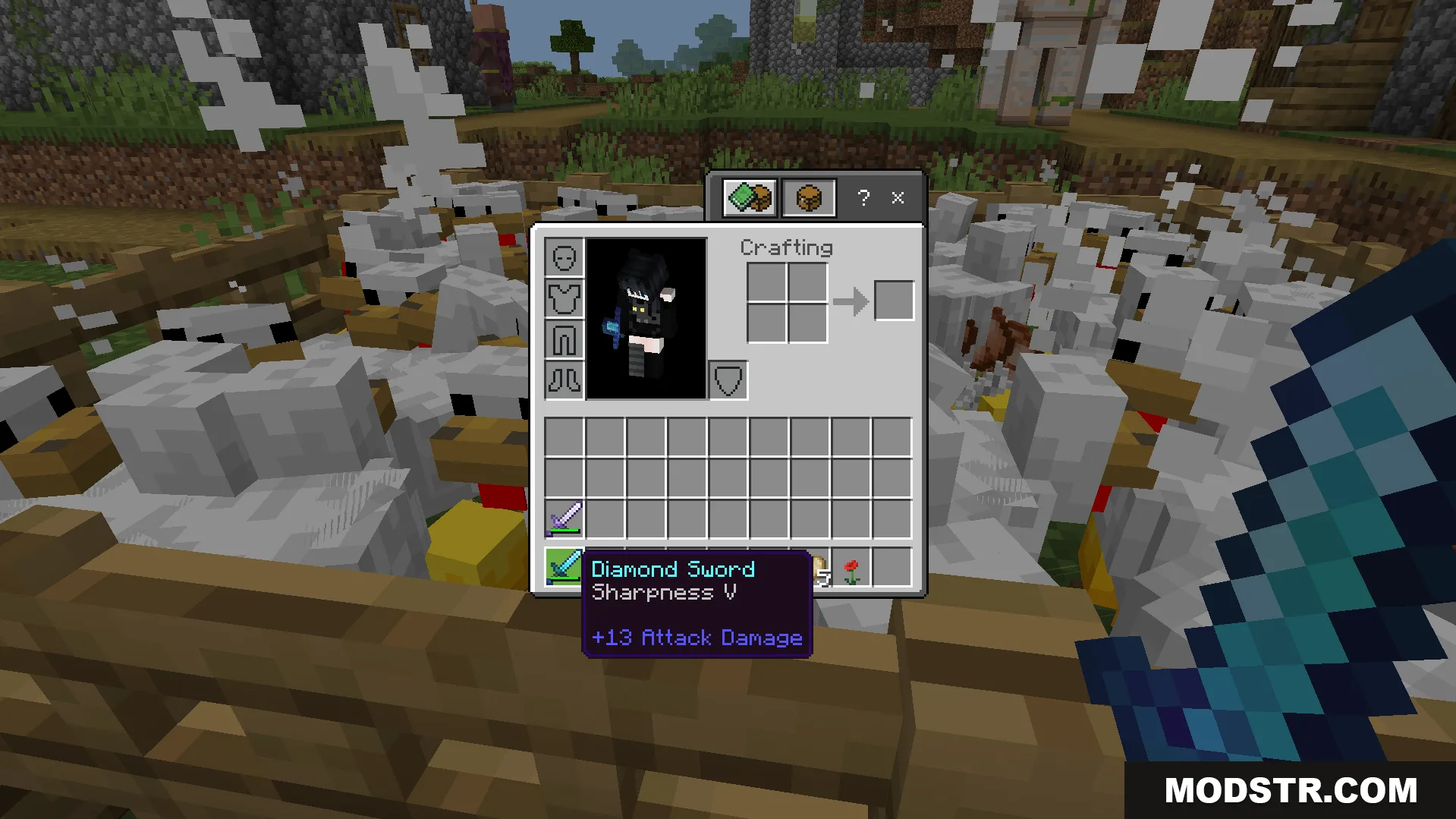 Random Enchant on Attack Addon Screenshot 8 Held diamond sword receives a random Sharpness V enchantment after hitting a chicken