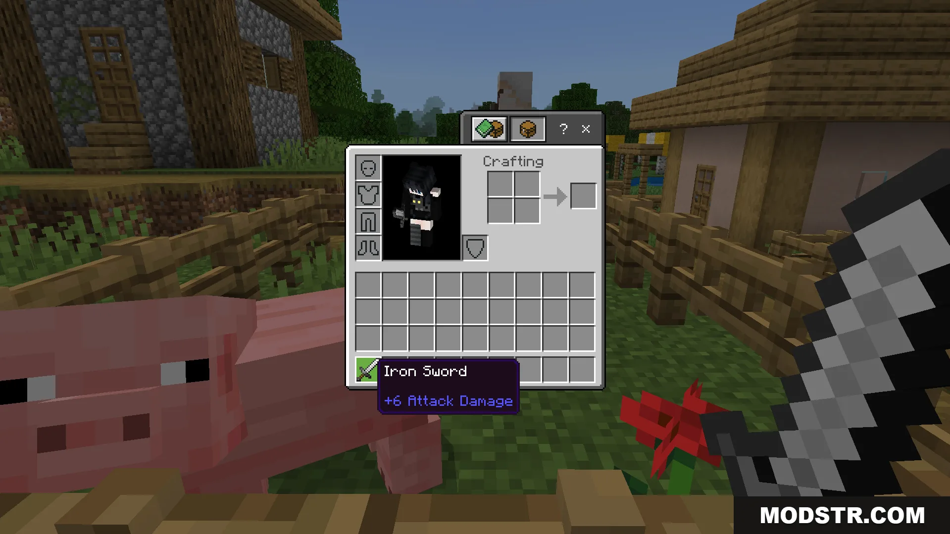 Random Enchant on Attack Addon Screenshot 1 Minecraft player viewing an unenchanted iron sword in their inventory near a pig