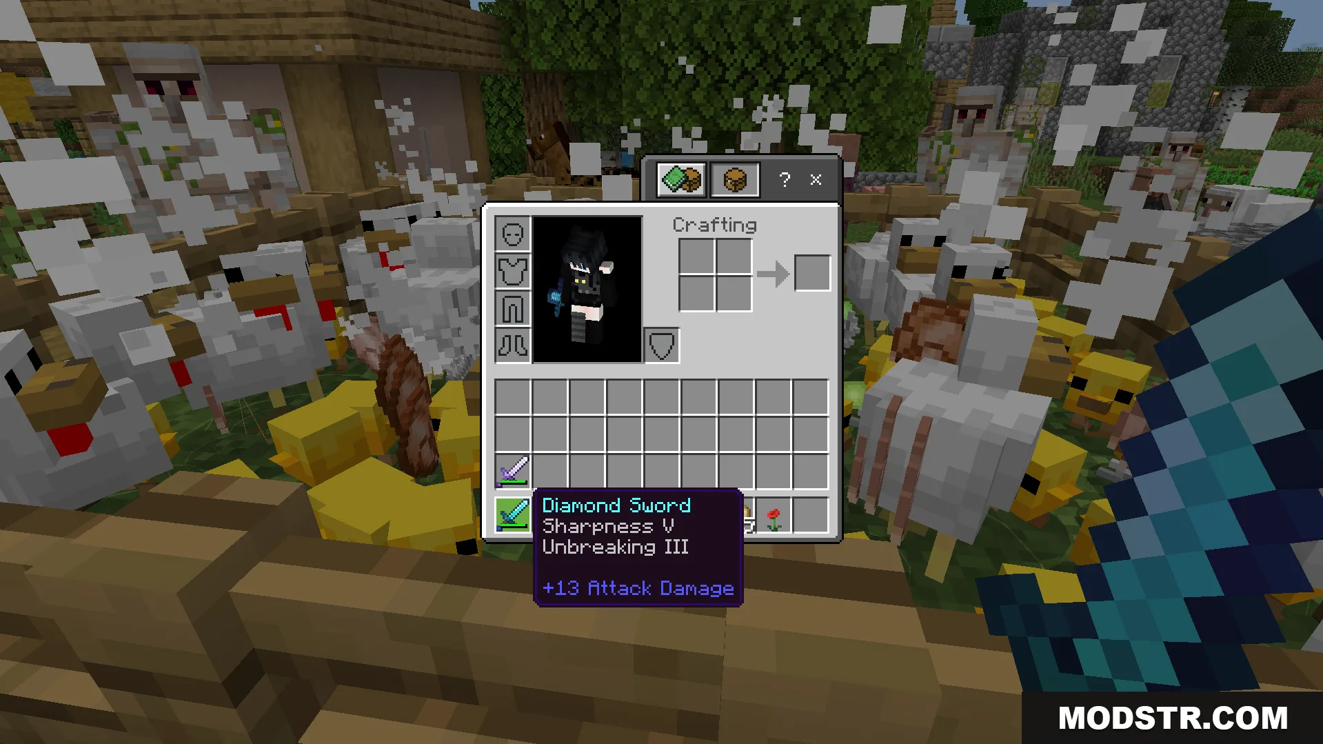 Random Enchant on Attack Addon Screenshot 9 Inventory showing a diamond sword with enchantments gained from hitting nearby mobs