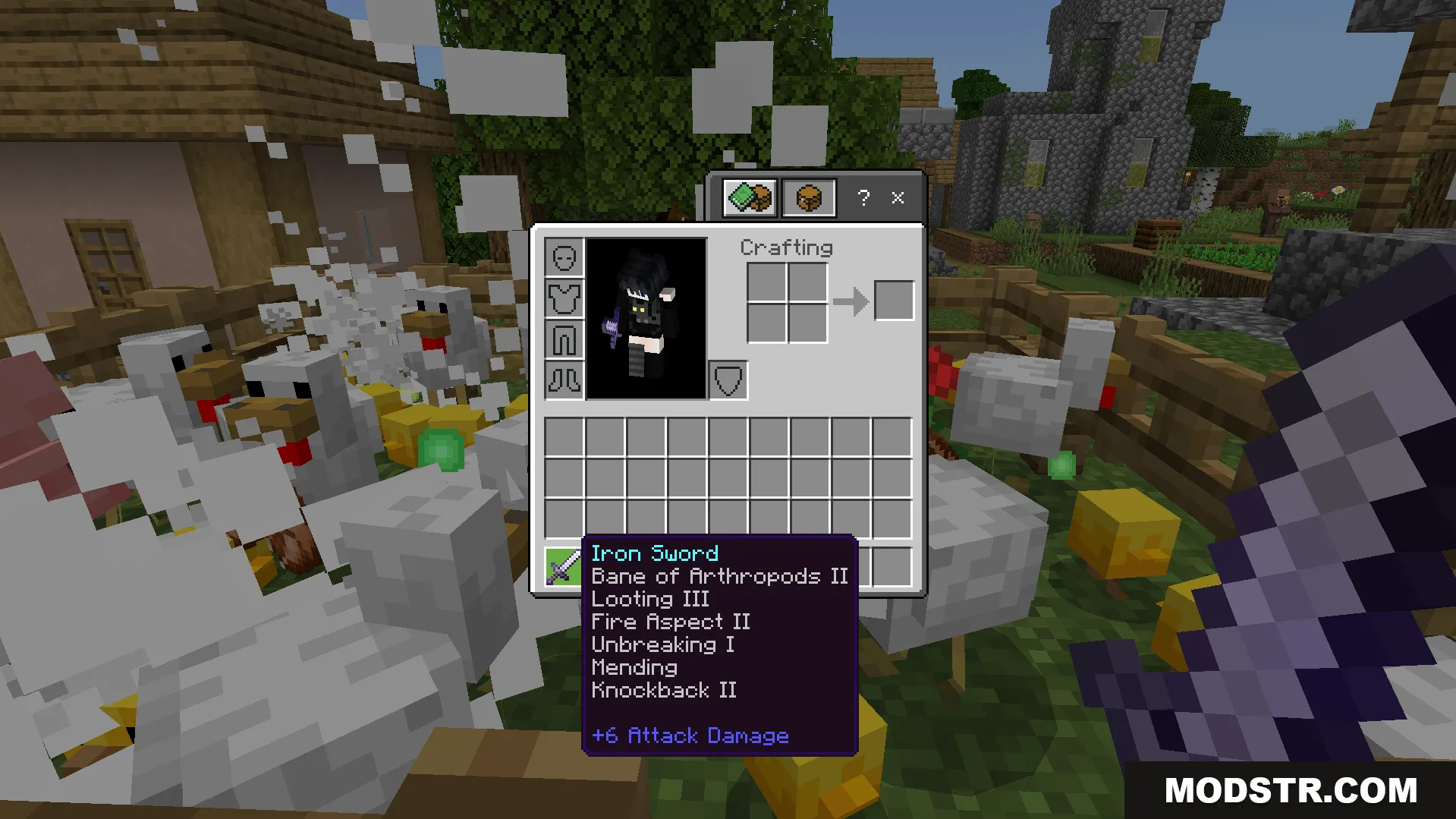 Random Enchant on Attack Addon Screenshot 6 Inventory screen showing an iron sword with several enchantments from attacking entities