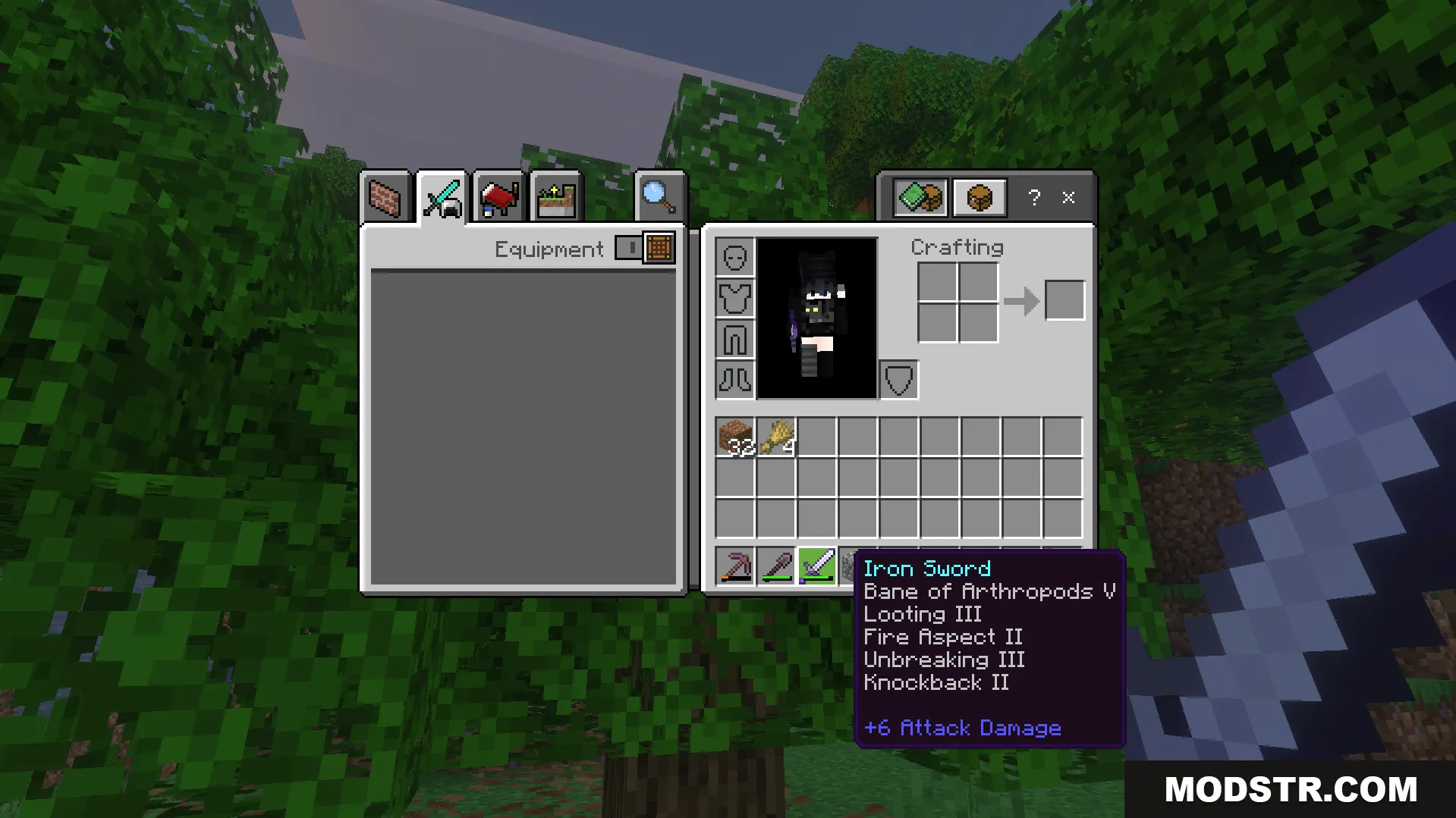 Inventory screen displaying an iron sword with several powerful enchantments applied randomly