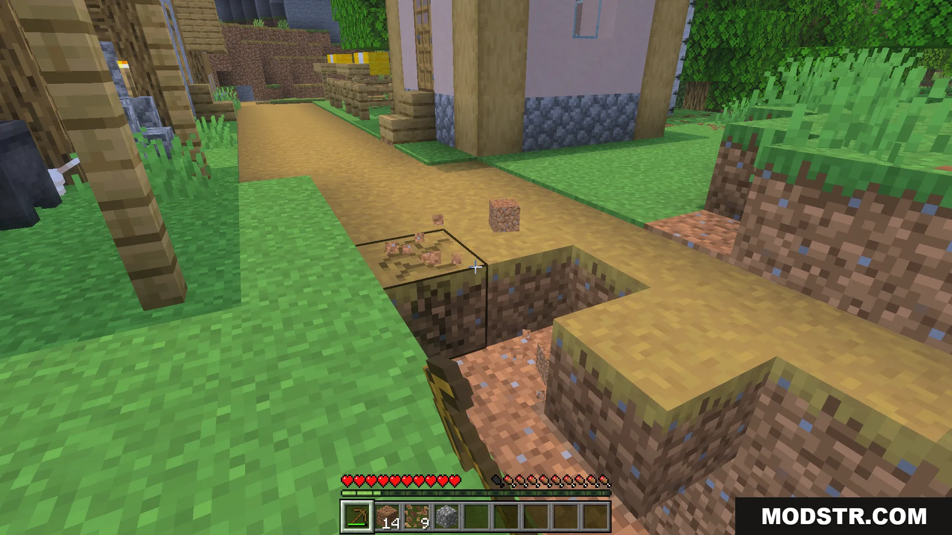 Breaking path blocks with a wooden pickaxe to receive random enchantments in Minecraft