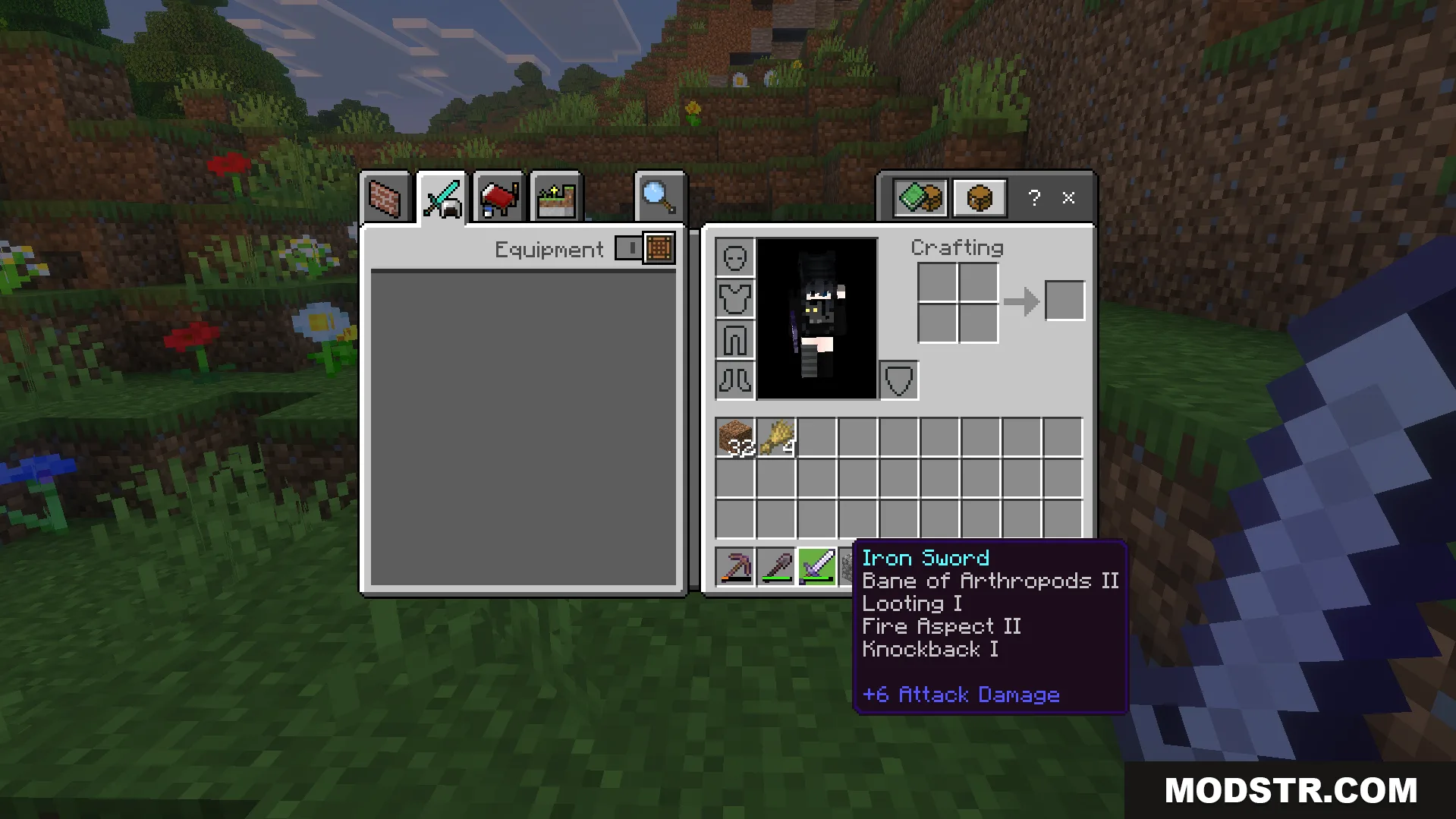 Inventory screen showing an iron sword with several random enchantments in Minecraft