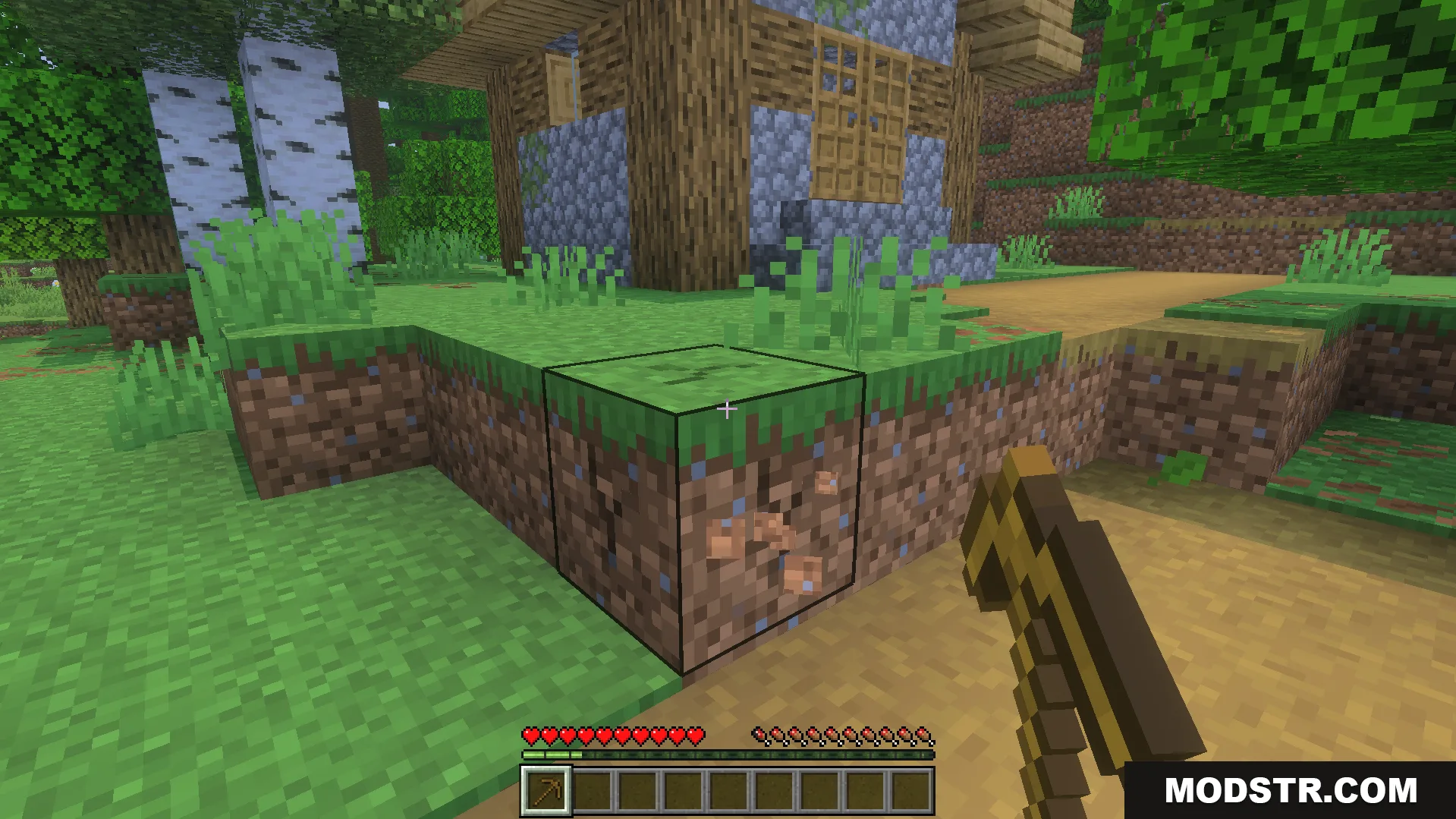 Player holding a wooden pickaxe while standing in front of a village house
