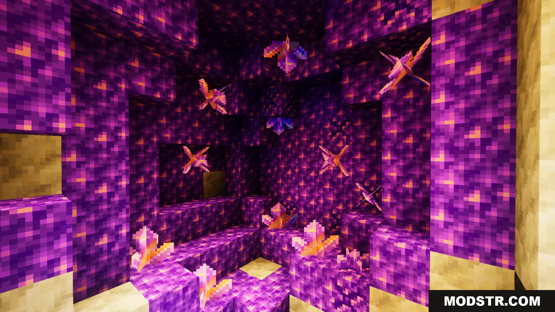 Ready Crops Plus Texture Pack Screenshot 7 Glowing purple blocks and crystals inside a dark underground cave structure
