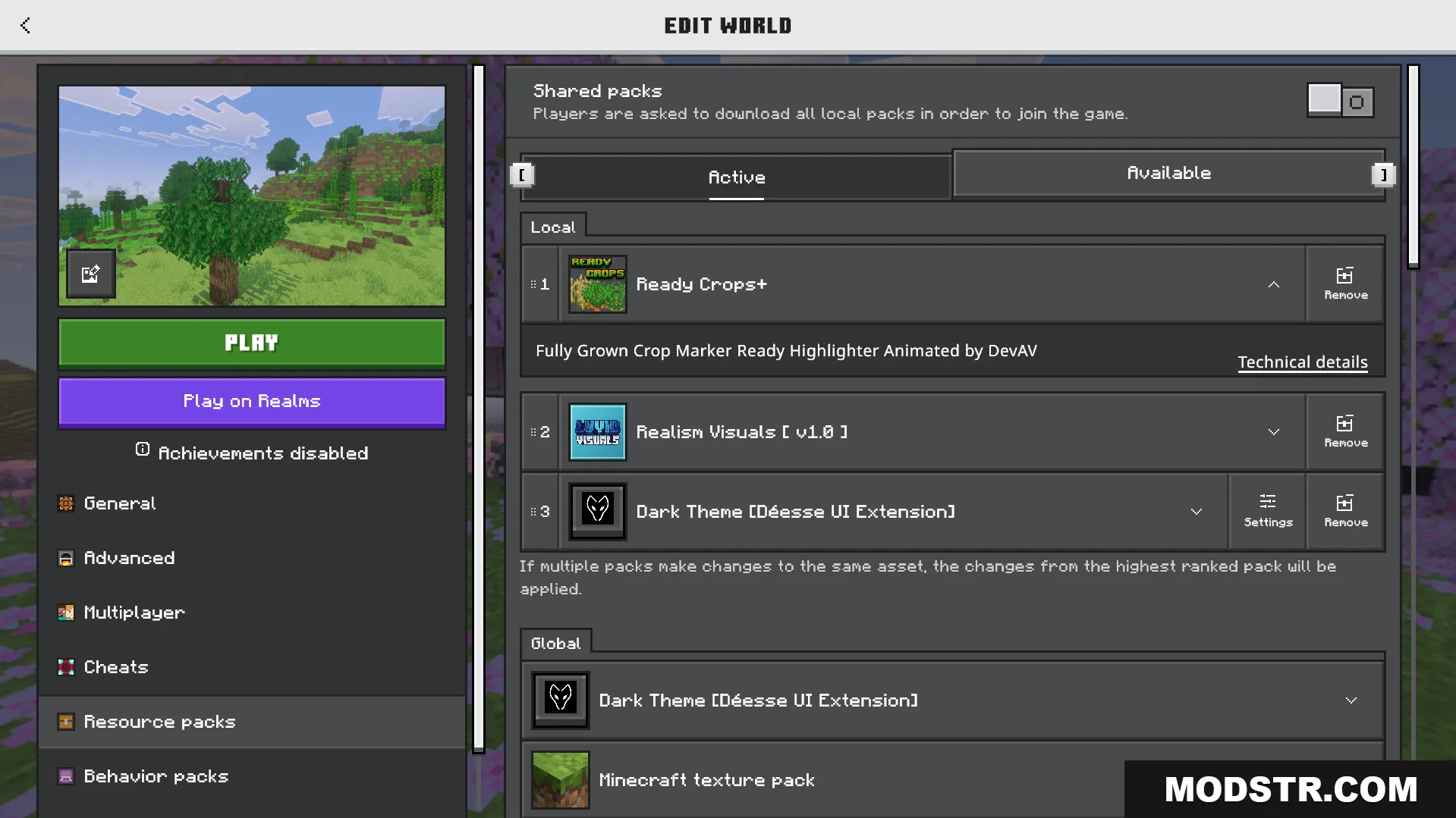 Ready Crops Plus Texture Pack Screenshot 1 Minecraft Bedrock world settings menu showing the active Ready Crops Plus pack