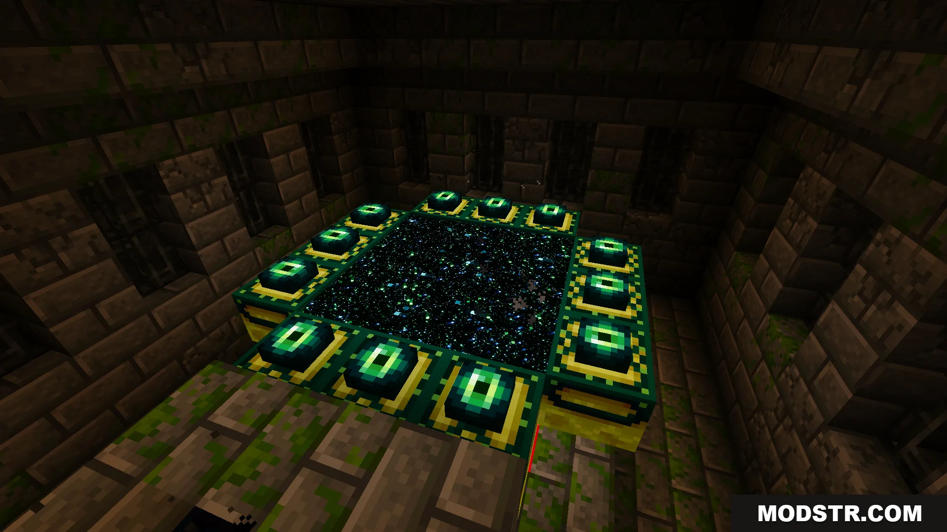 Realism Visuals Shader Screenshot 9 An activated end portal glowing inside a dark stone brick stronghold