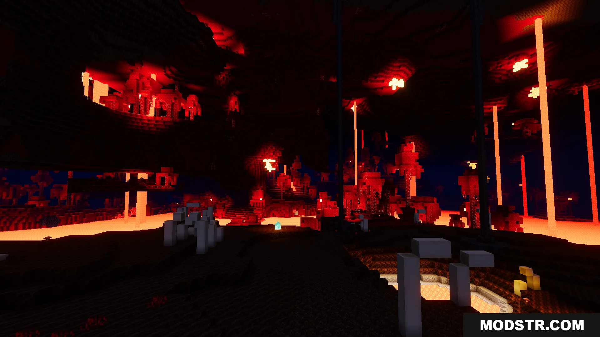 Realism Visuals Shader Screenshot 8 Bright red lighting and lava falls illuminate the nether dimension with realistic visuals