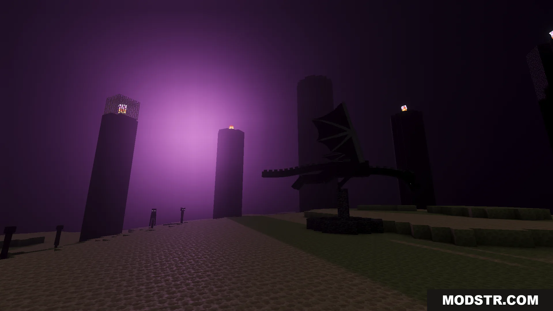 Realism Visuals Shader Screenshot 10 The ender dragon flying near obsidian towers under a purple sky