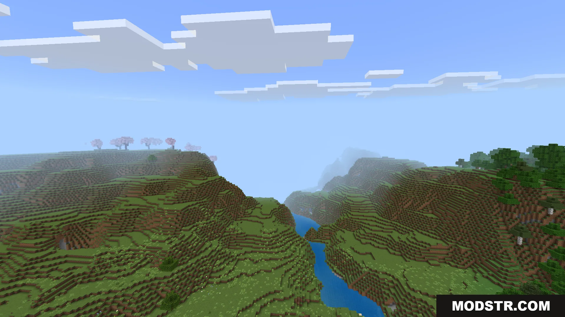 A scenic Minecraft landscape featuring rolling green hills and a winding blue river