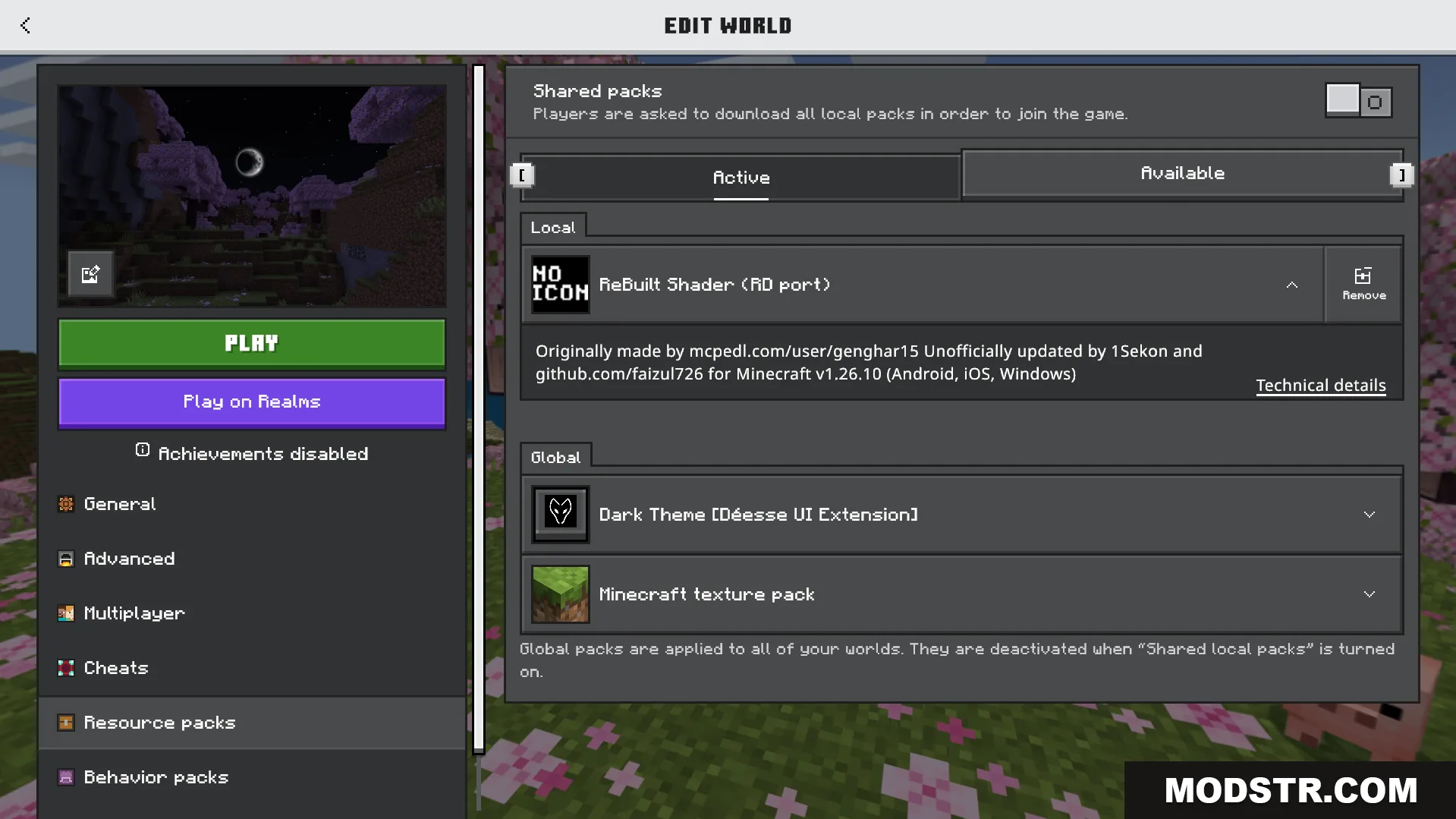 Minecraft settings menu showing the active Rebuilt Shader resource pack for a world