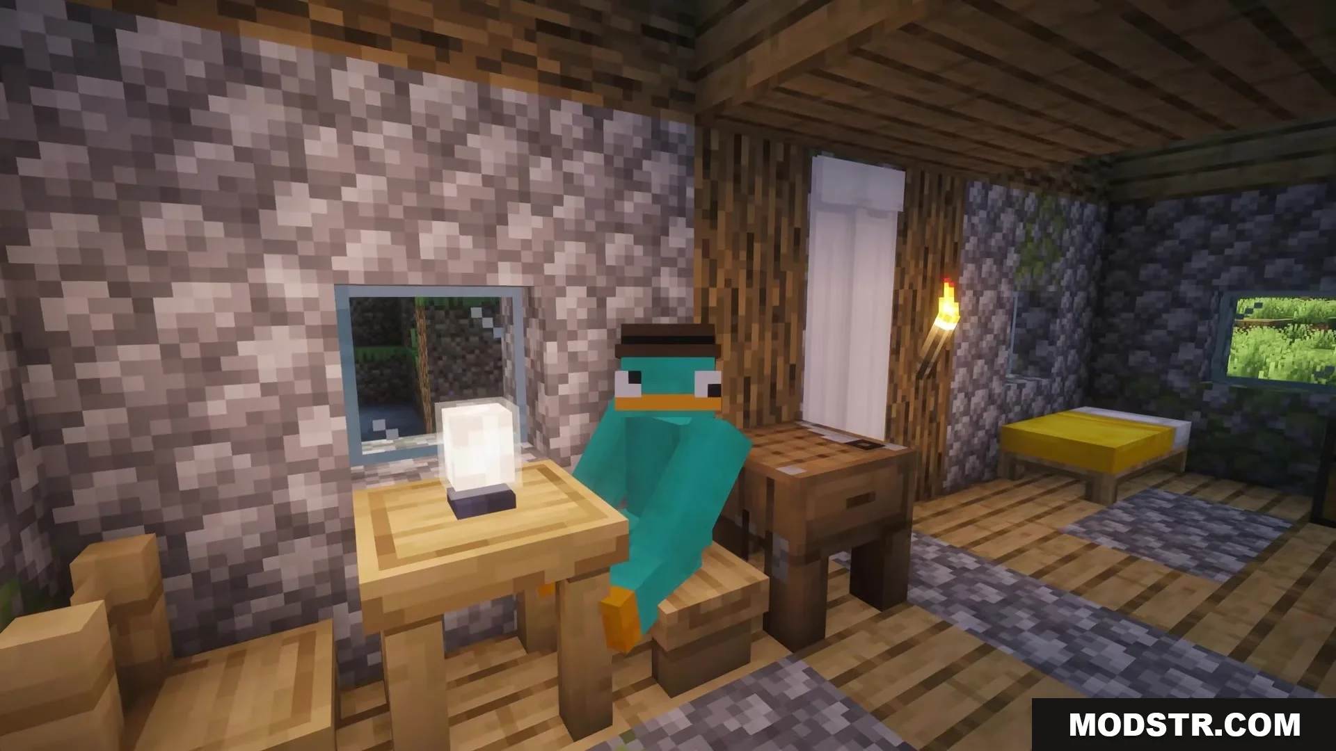 Redecorate Vanilla Furniture Mod Screenshot 2 A player character sits at a wooden table decorated with a lamp