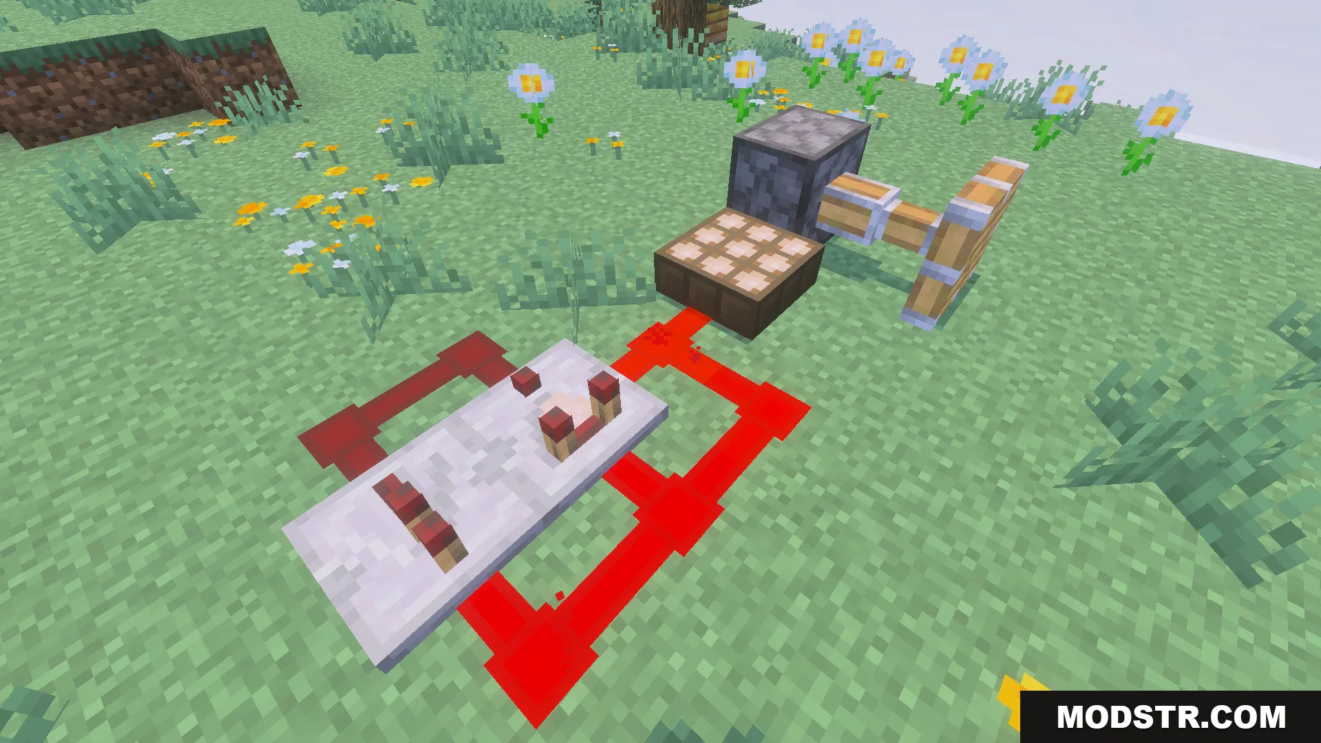 RedstoneTech Shader Screenshot 4 Redstone comparator circuit connected to a daylight detector and a piston on grass