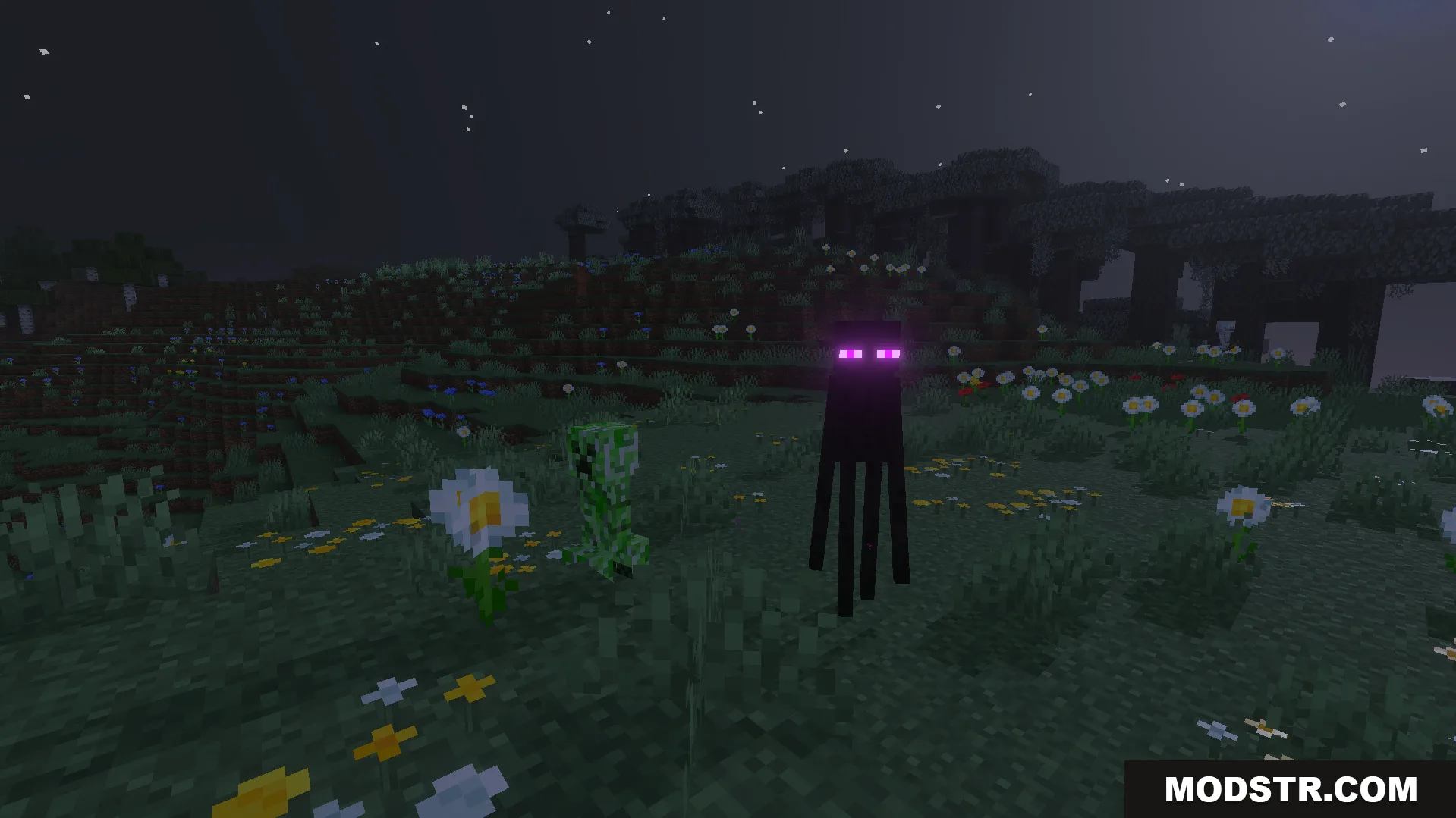 RedstoneTech Shader Screenshot 7 Enderman and Creeper in a field with night vision and spawn indicators