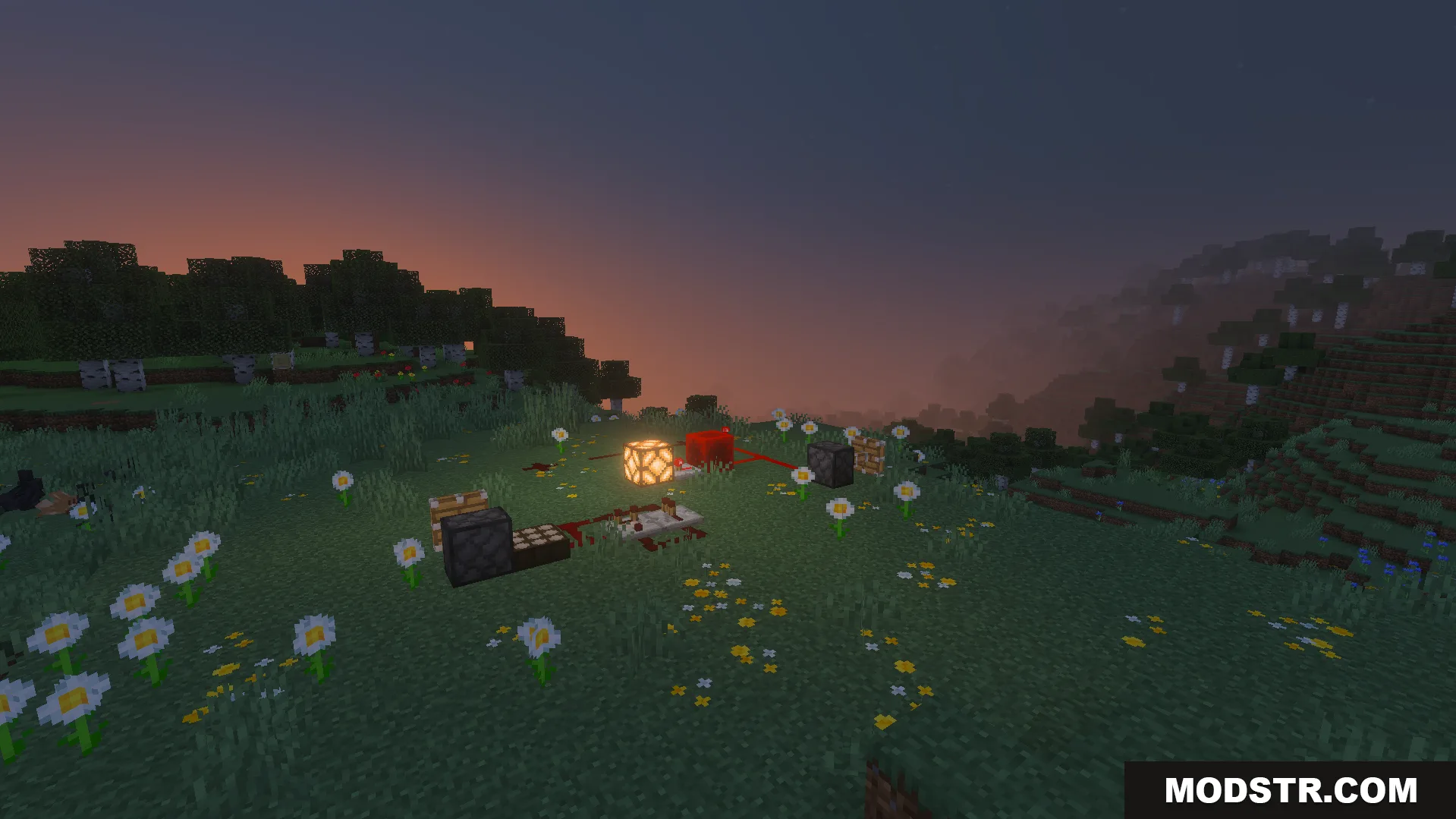 RedstoneTech Shader Screenshot 6 Global night vision and glowing redstone components shown during sunset in grassy field