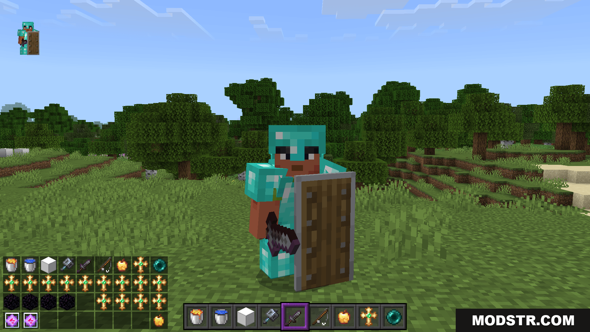 A custom inventory HUD shows your gear on screen mid fight