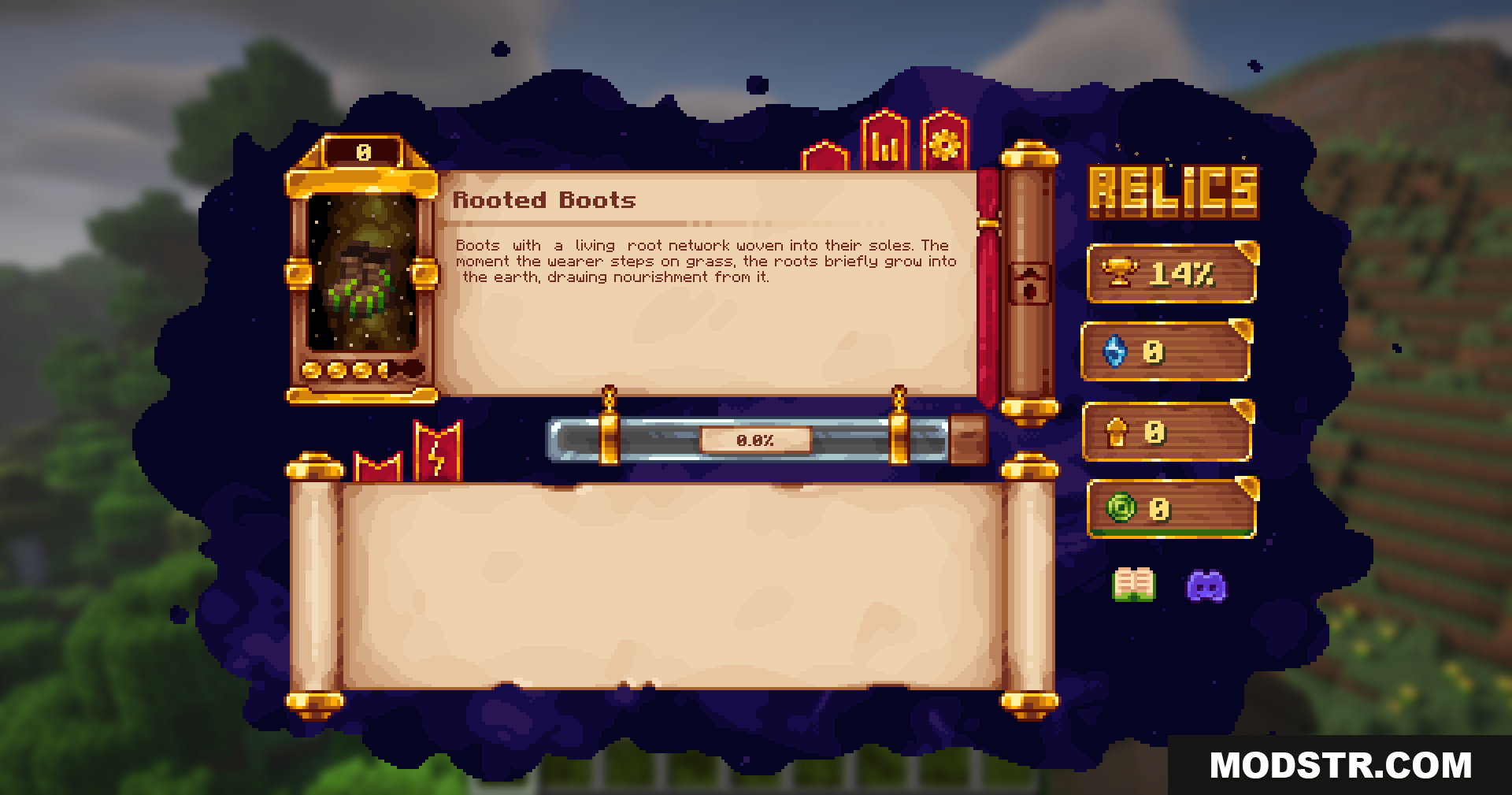 Reliquified Artifacts Mod Screenshot 15 The Relics UI displaying the Rooted Boots artifact