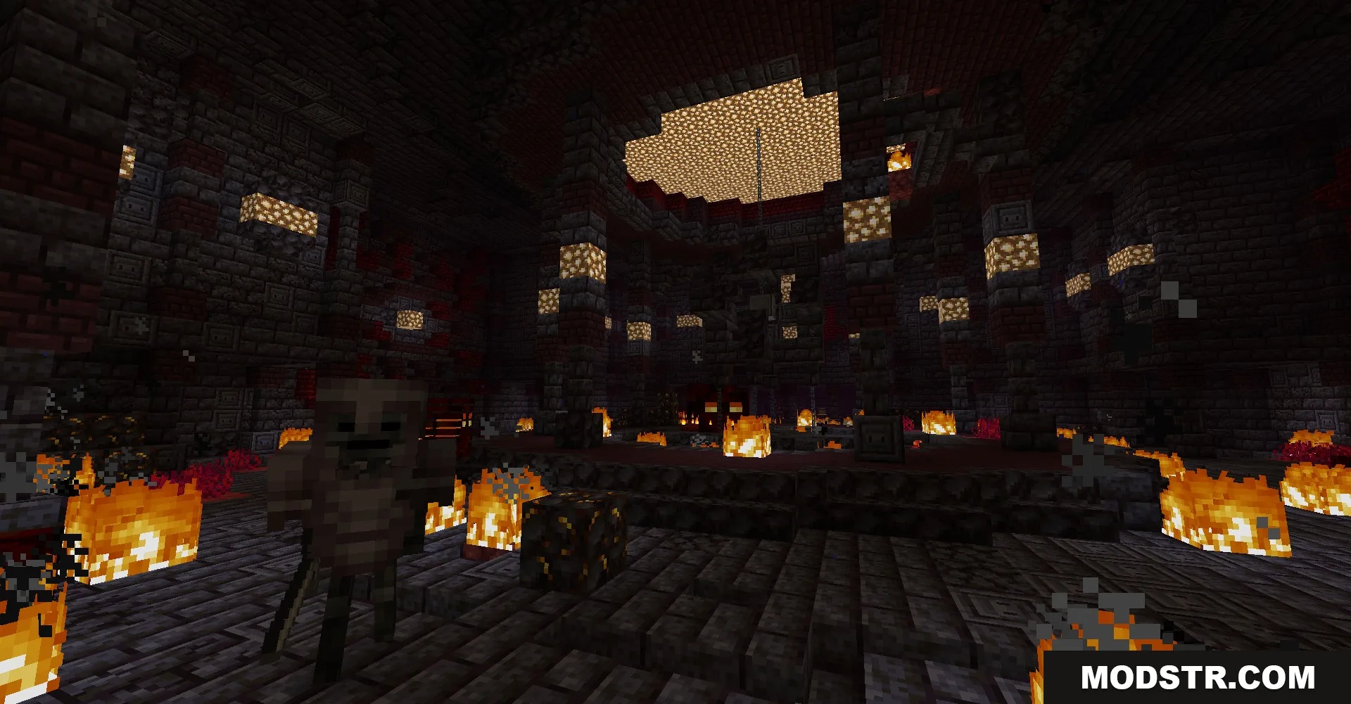 Wither skeleton inside a dark nether monument with fire and glowstone lighting