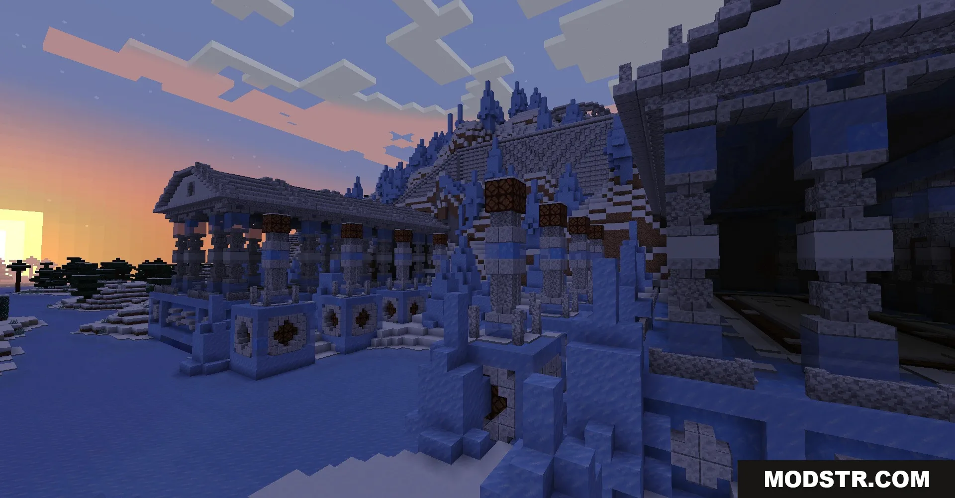 Exterior view of a large icy monument variant in a snowy biome