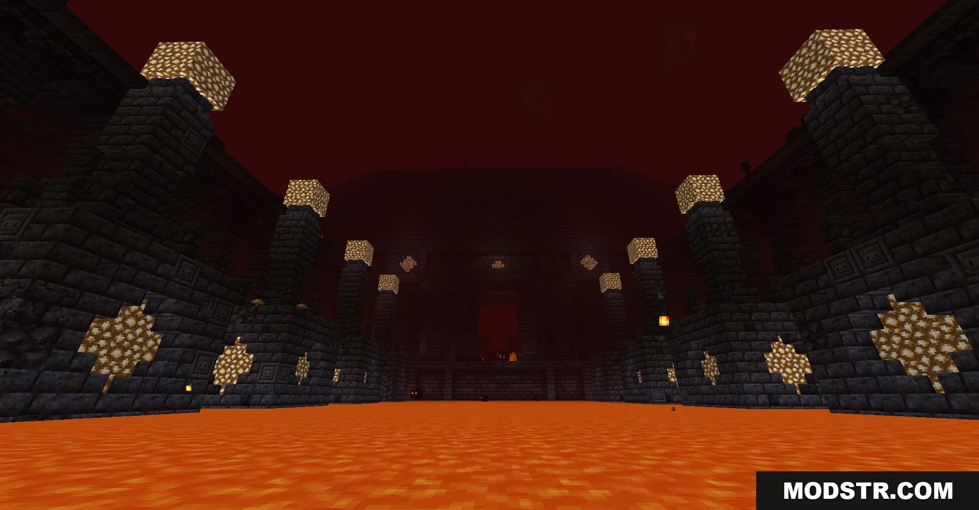 Repurposed Structures nether monument variant standing over a vast lake of lava