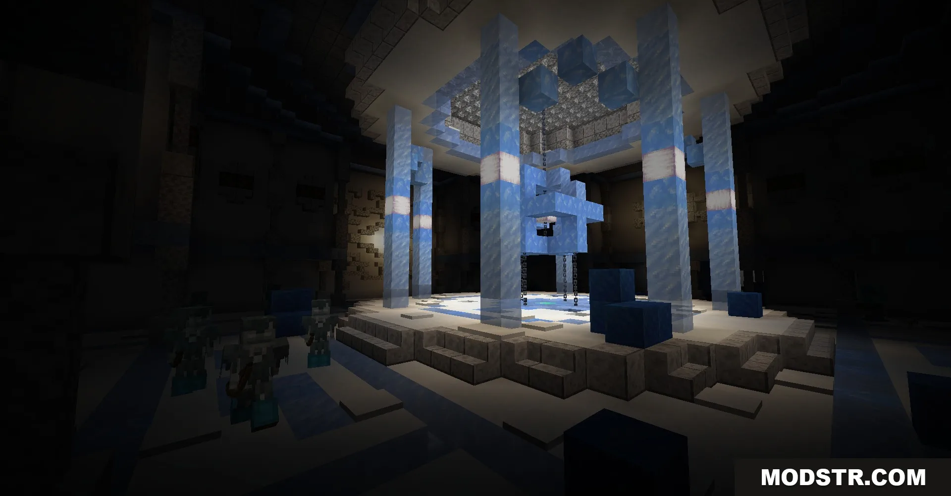 The interior of a frozen monument with a central floating ice structure